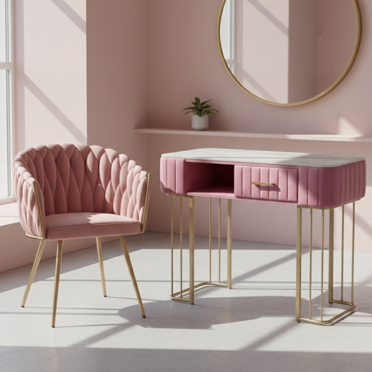 Set de Manicura Mesa de Piedra Sinterizada y Silla Tejida Patas Doradas  1