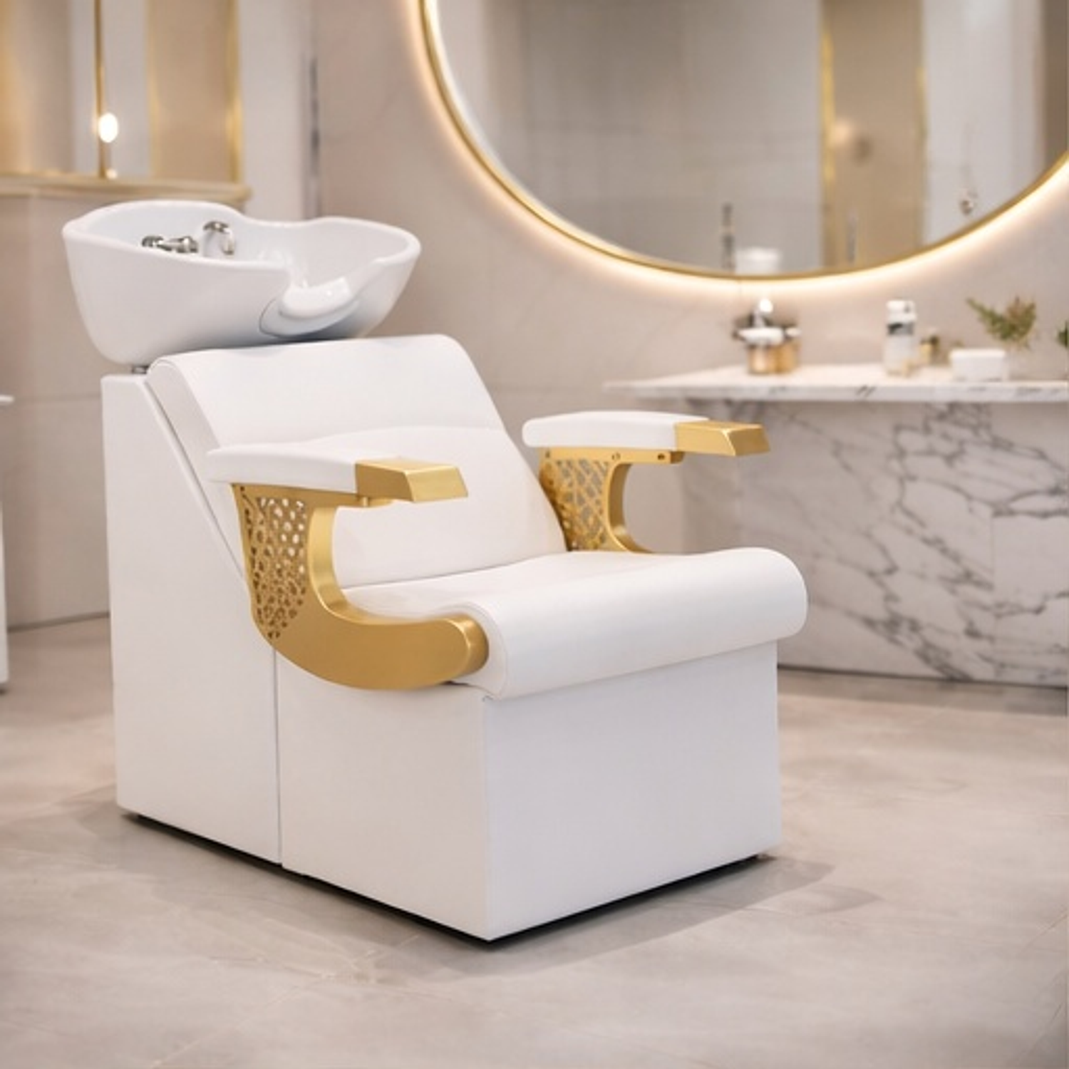 Lavapelo Profesional para Peluquería  Blanco con Detalles Dorado| DHANI Store Dinasty 1