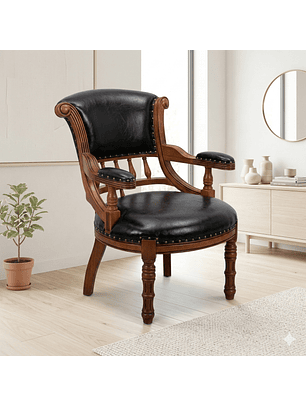 Sitial Clásico Victoriano de Roble Americano con Ecocuero Negro o Café | Silla Vintage