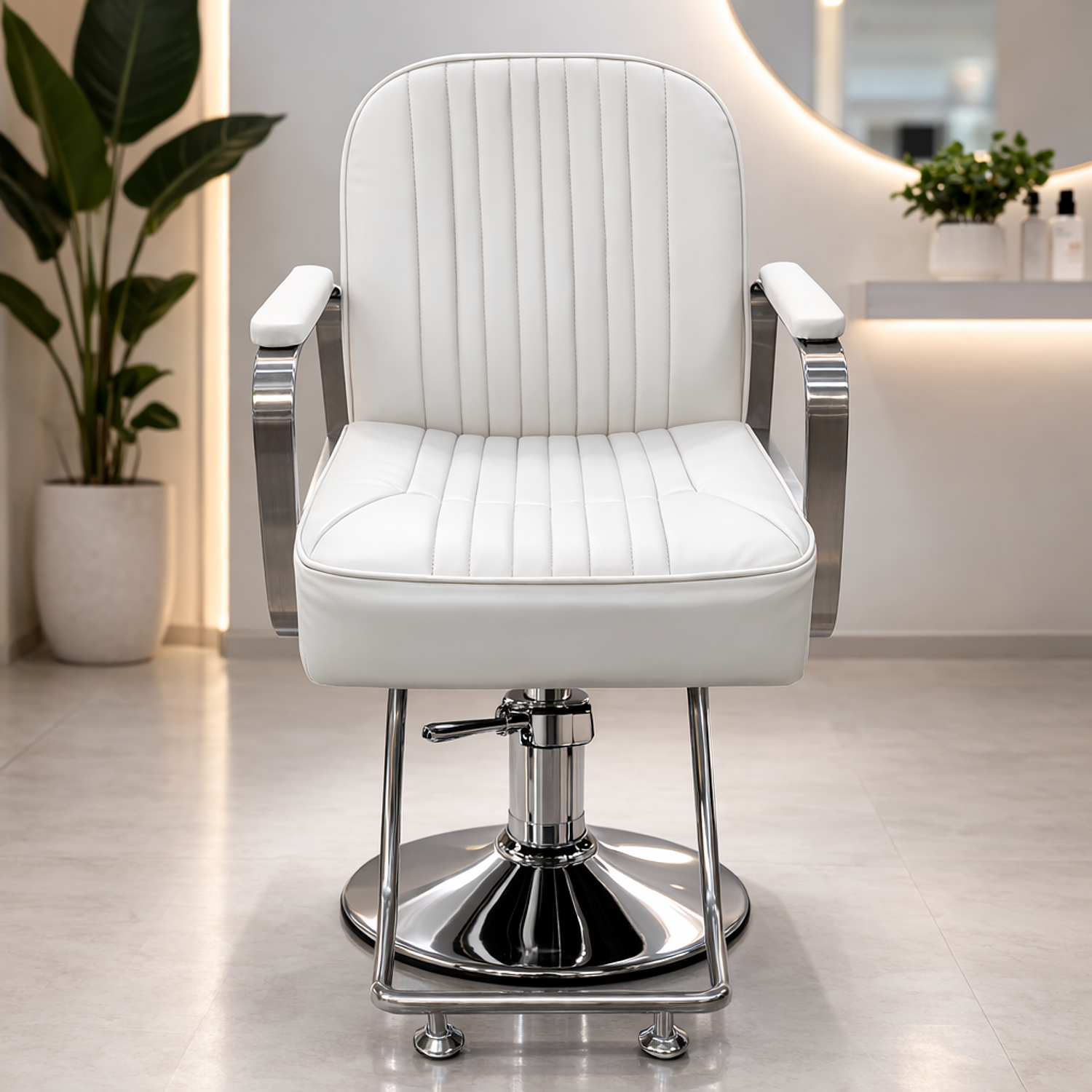 Silla de Peluquería Profesional Hidráulica Blanca, Negra o Gris con Base Cromada y Apoyapiés 1