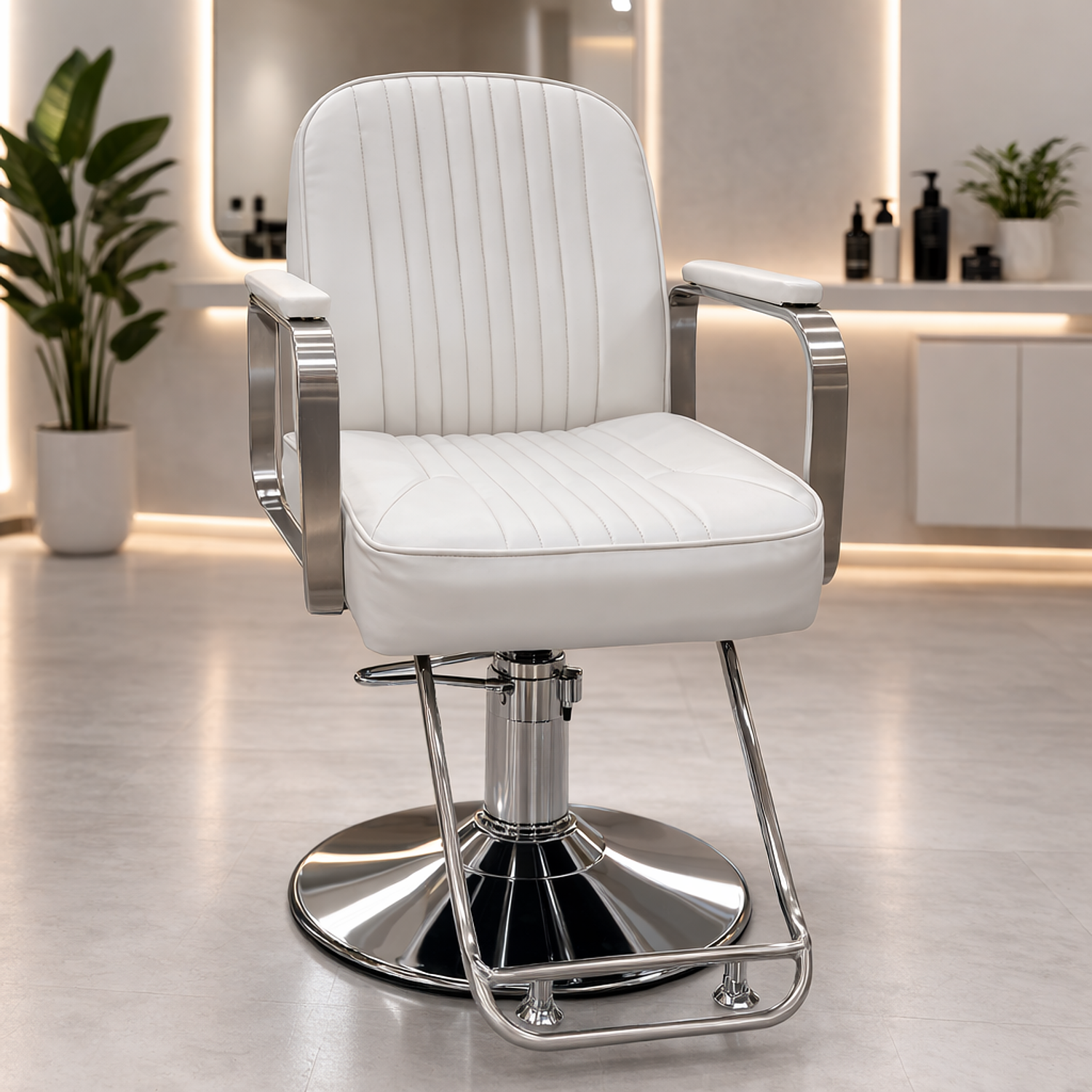 Silla de Peluquería Profesional Hidráulica Blanca, Negra o Gris con Base Cromada y Apoyapiés 2