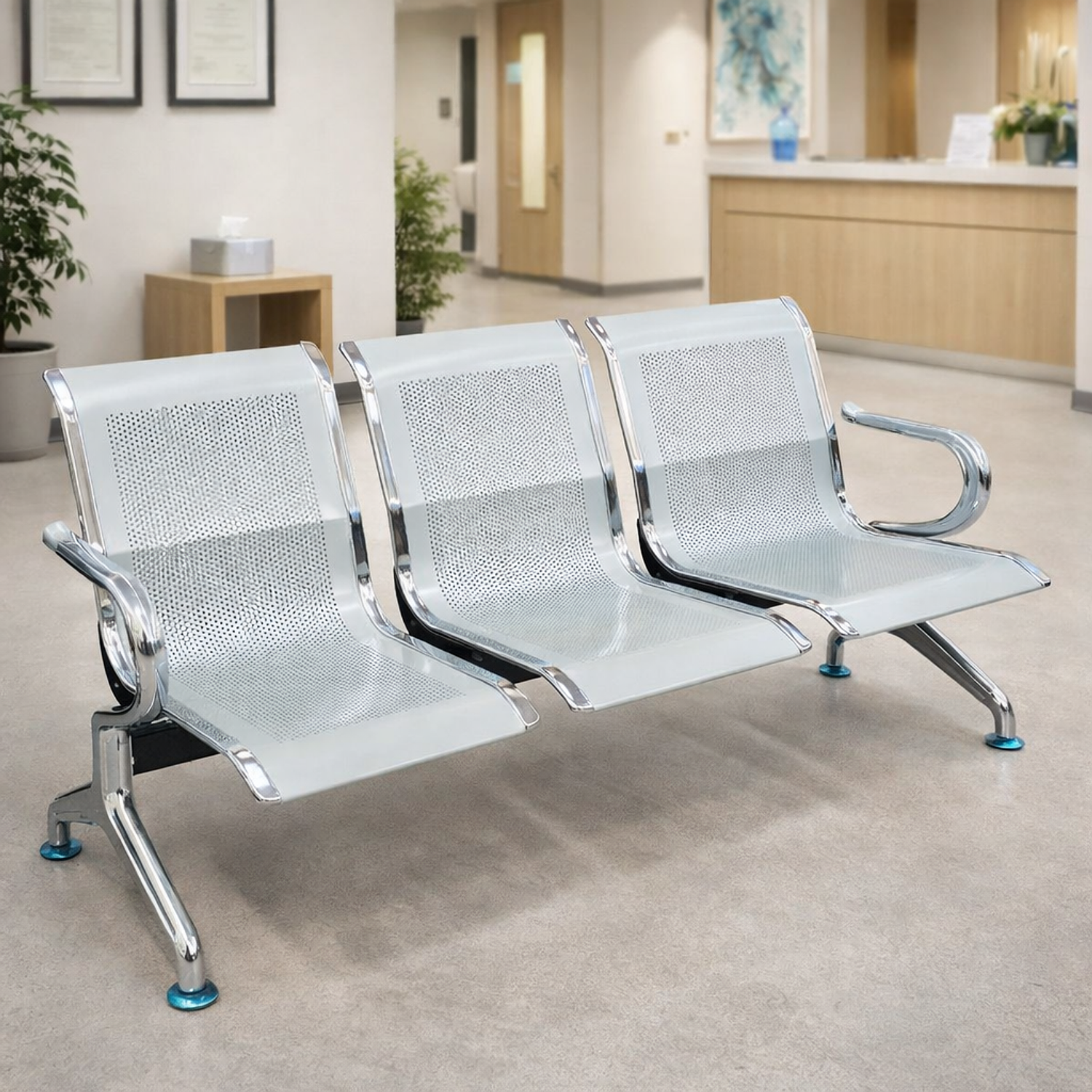 Banca de Espera Metálica Perforada 3 Puestos Cromada – Línea AeroClean 2