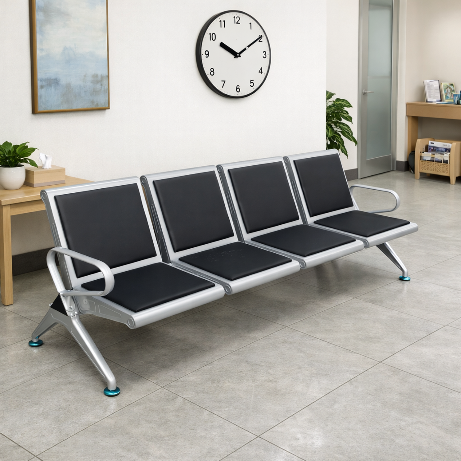 Banca de Espera Metálica de 4 Puestos con Asientos Acolchados Negra para Clínica u Oficina 3