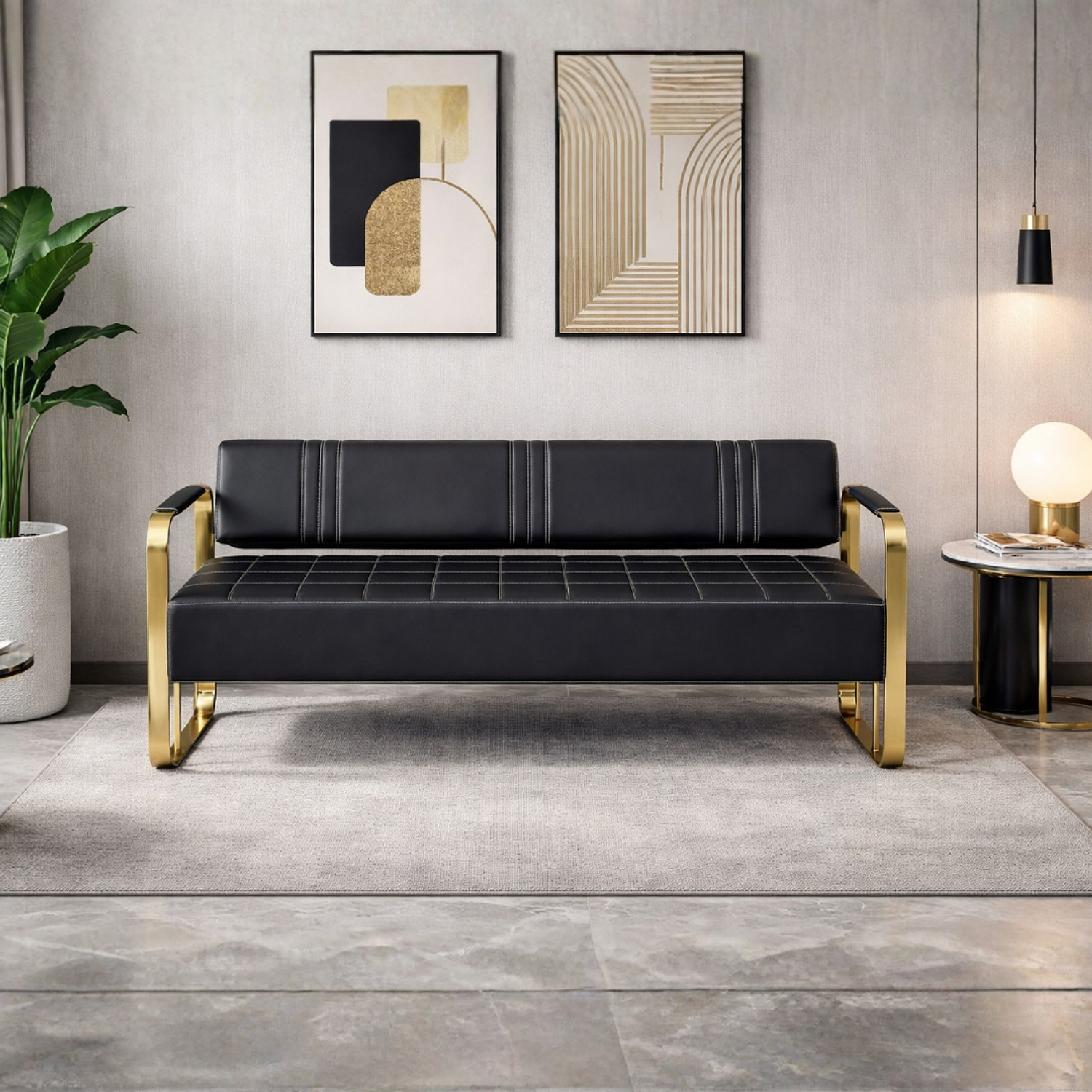 Banca de Espera Moderna Negra con Estructura Dorada para Clínica Oficina y Sala de Espera 2