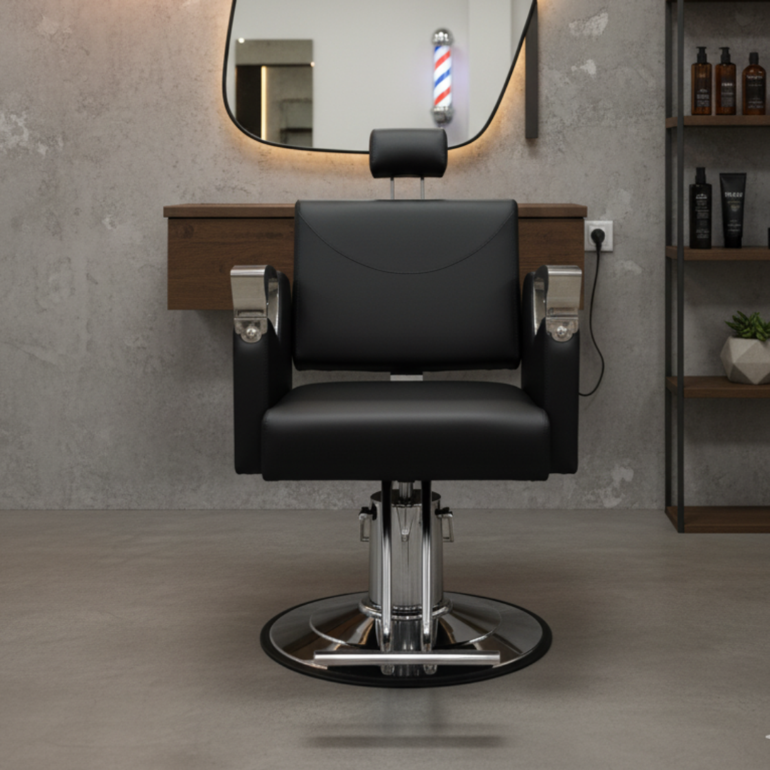 Sillón de Barbero Reclinable Negro con Base Cromada y Soporte de Cabeza Titan Black Pro 1