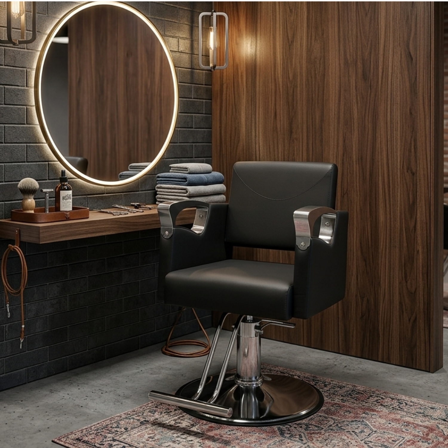 Sillón de Barbería Profesional Negro Hidráulico con Base Cromada y Reposapiés 3