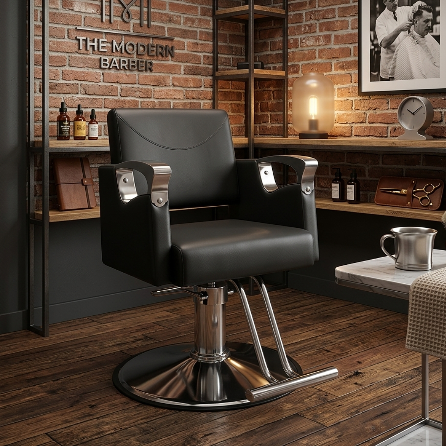 Sillón de Barbería Profesional Negro Hidráulico con Base Cromada y Reposapiés 4
