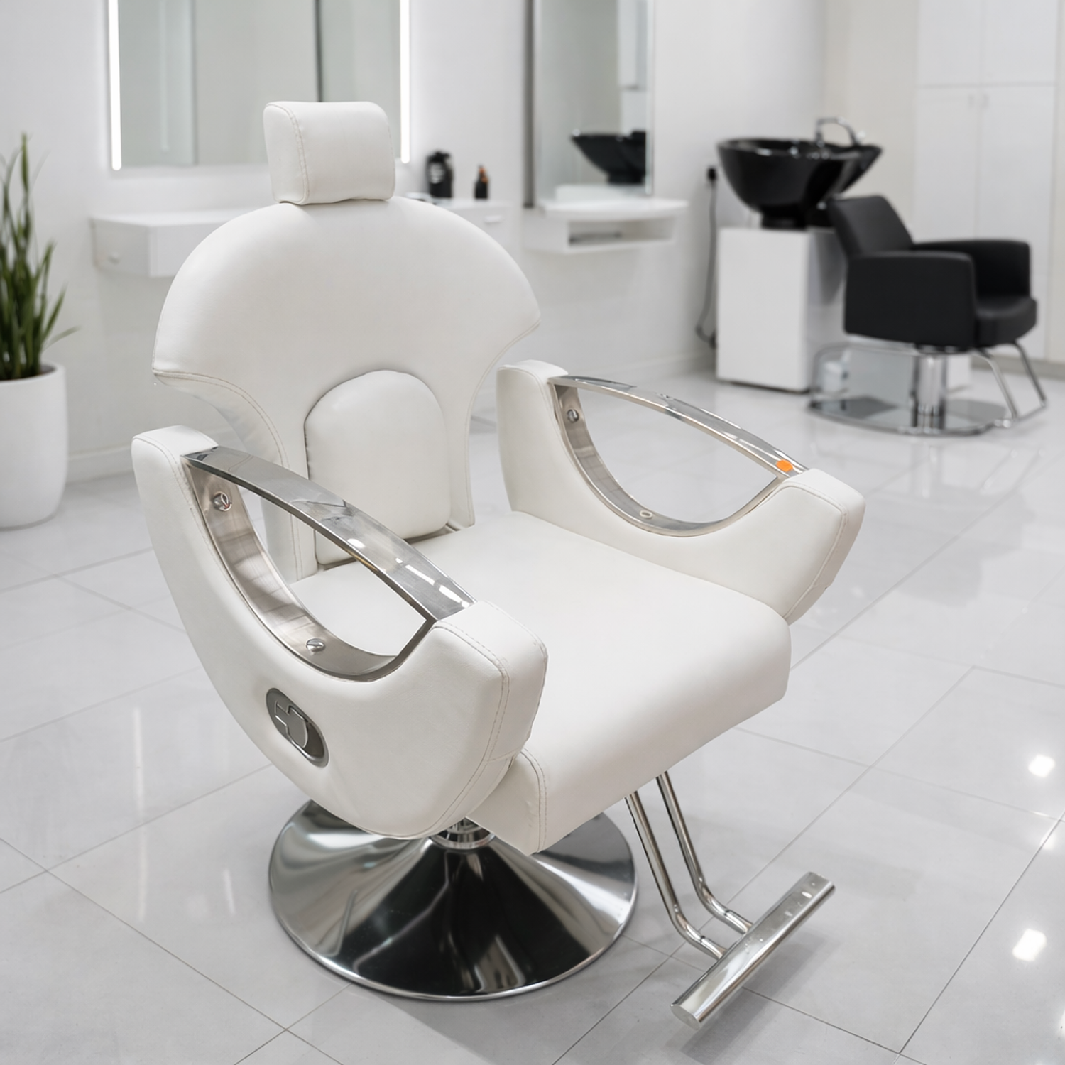 Sillón de Barbería Profesional Blanco con Base Hidráulica y Apoyapiés 1