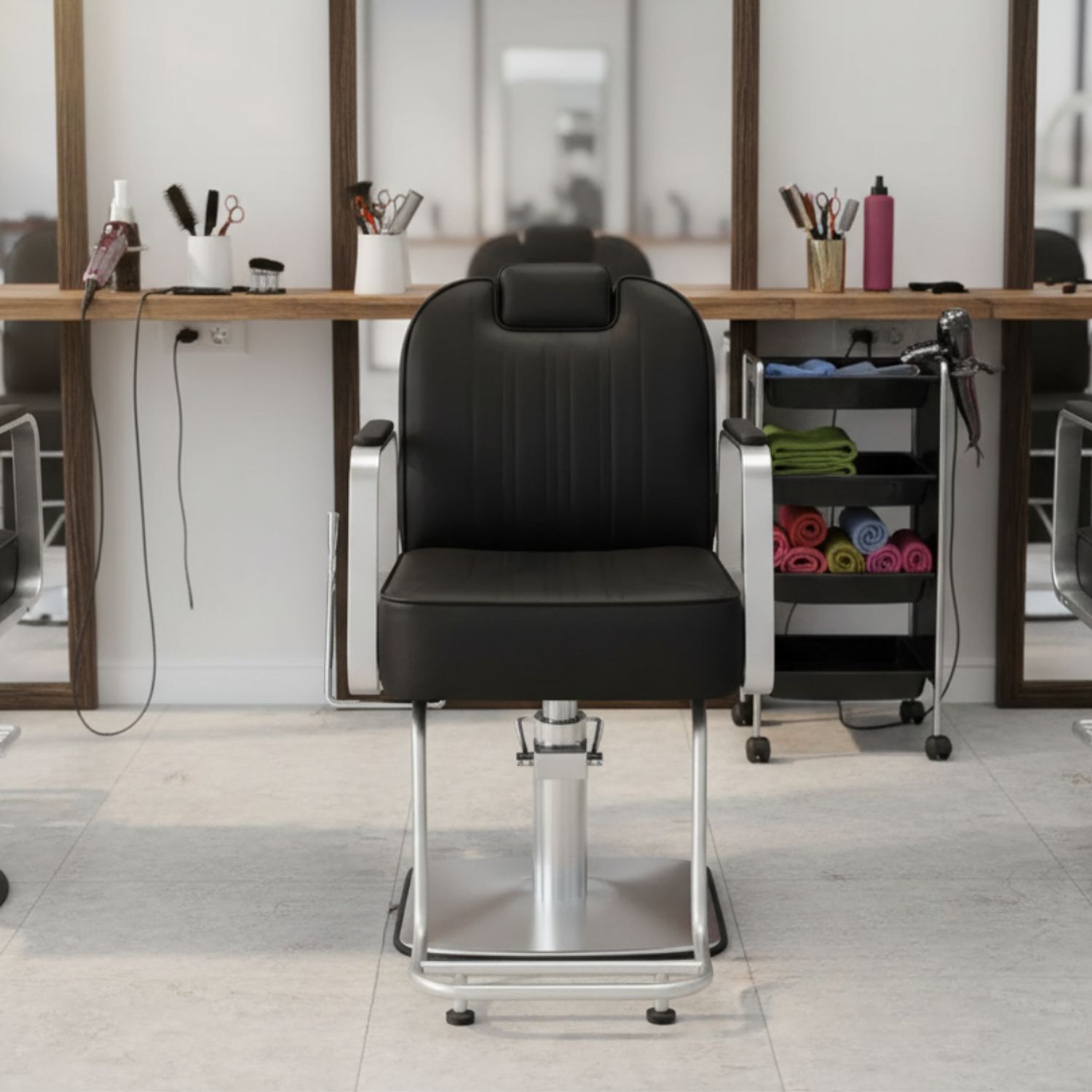 Sillón de Barbería Profesional Hidráulico Negro con Apoyapiés y Base Metálica Line Pro 3