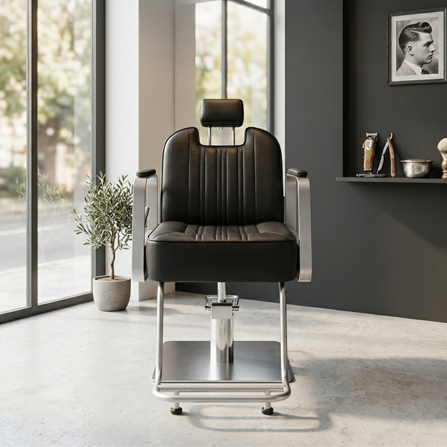Sillón de Barbería Profesional Hidráulico Negro con Apoyapiés y Base Metálica Line Pro 4