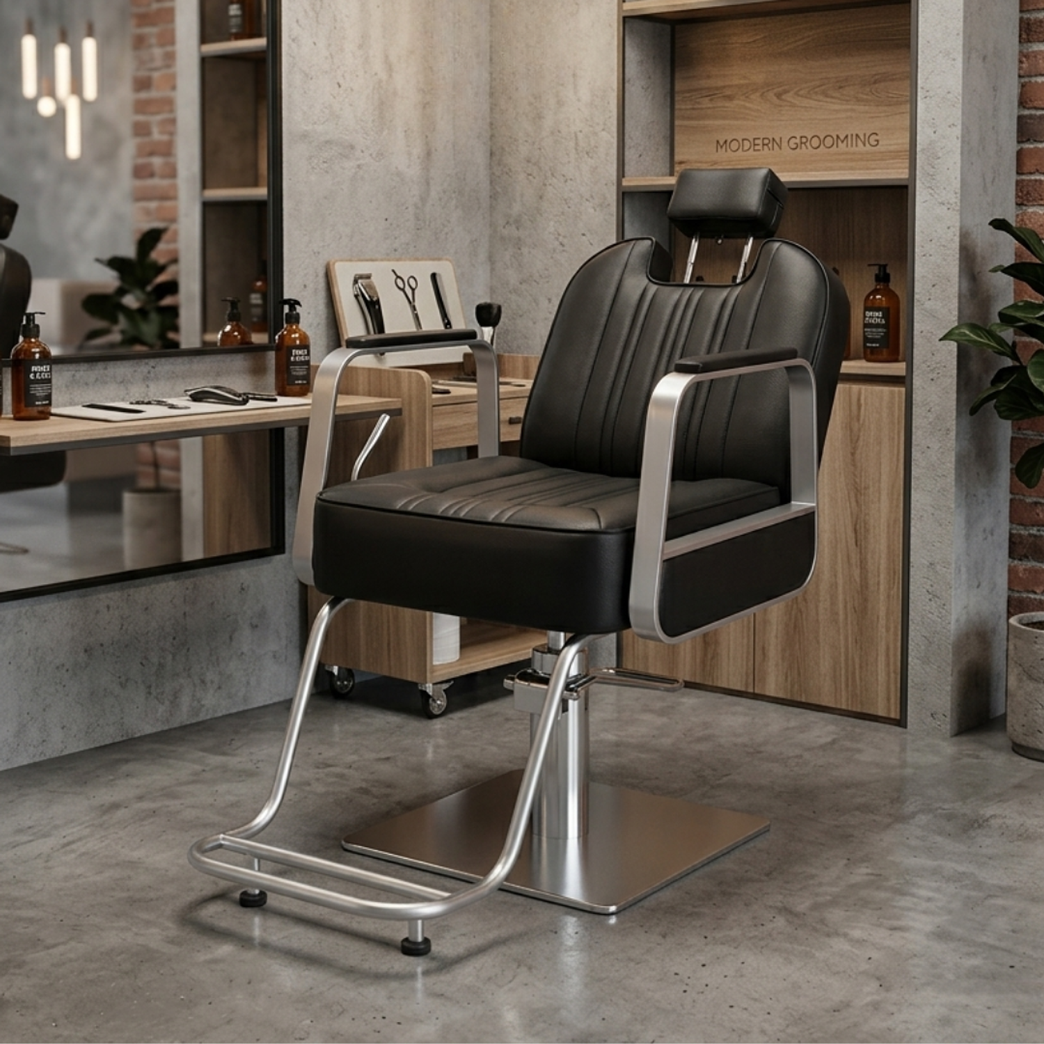 Sillón de Barbería Profesional Hidráulico Negro con Apoyapiés y Base Metálica Line Pro 5