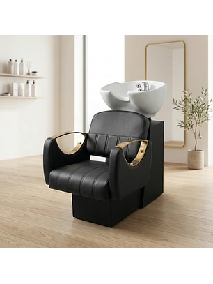 Lavapelo Profesional para Peluquería con Taza de Cerámica Blanca y Negro Detalles con Dorados – Ébano Dorado Pro