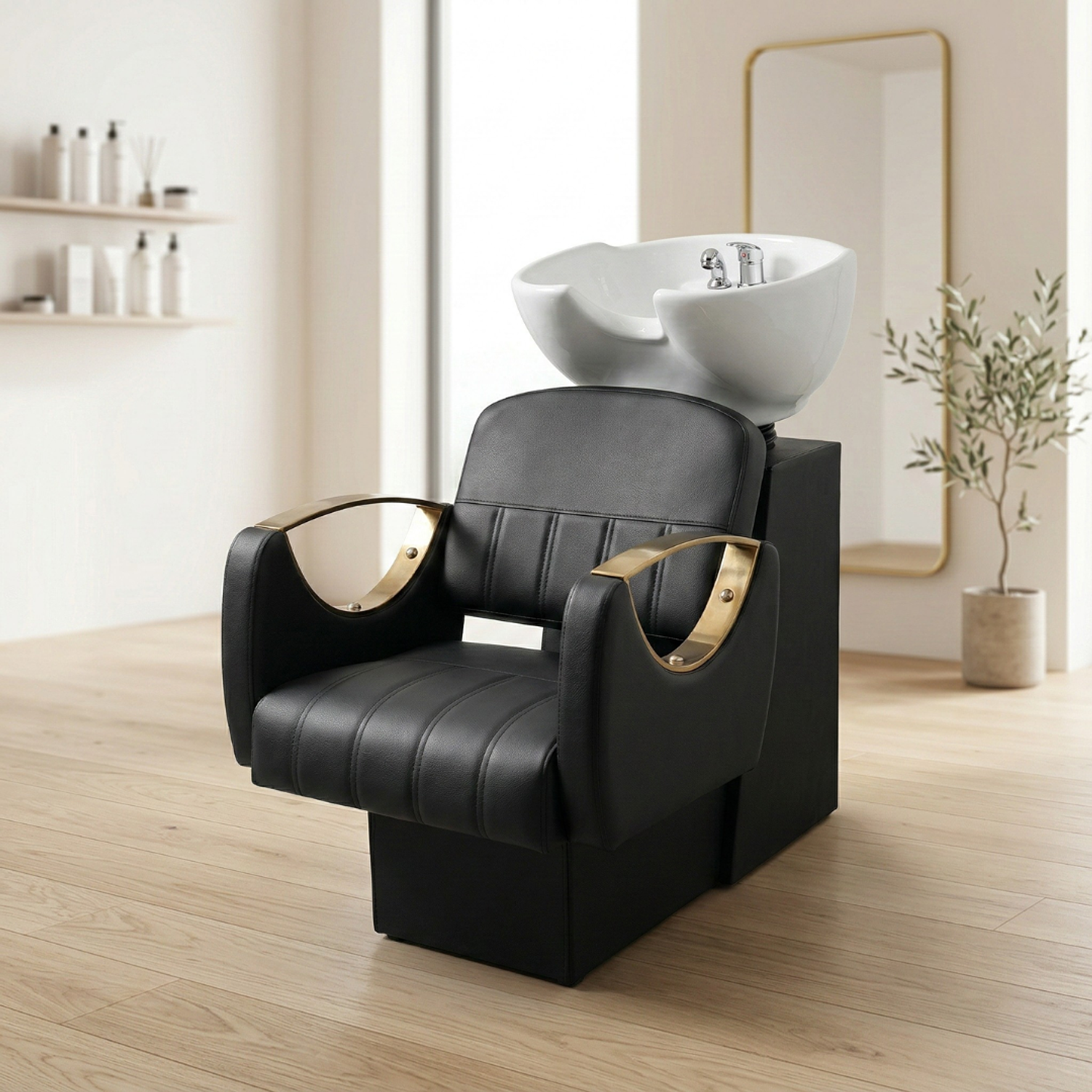 Lavapelo Profesional para Peluquería con Taza de Cerámica Blanca y Detalles Dorados – Ébano Dorado Pro | DHANI Store 3