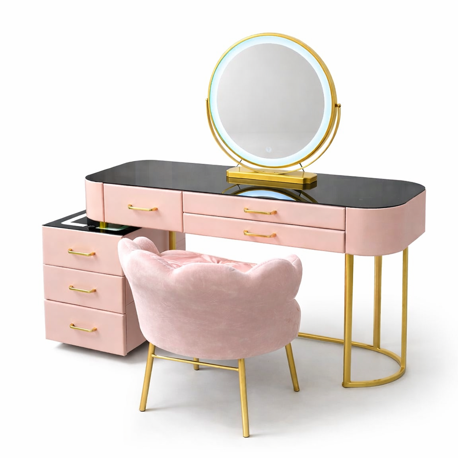 Tocador LED con Espejo Touch, Parlante Bluetooth y Carga Inalámbrica + Silla | Rosado 4