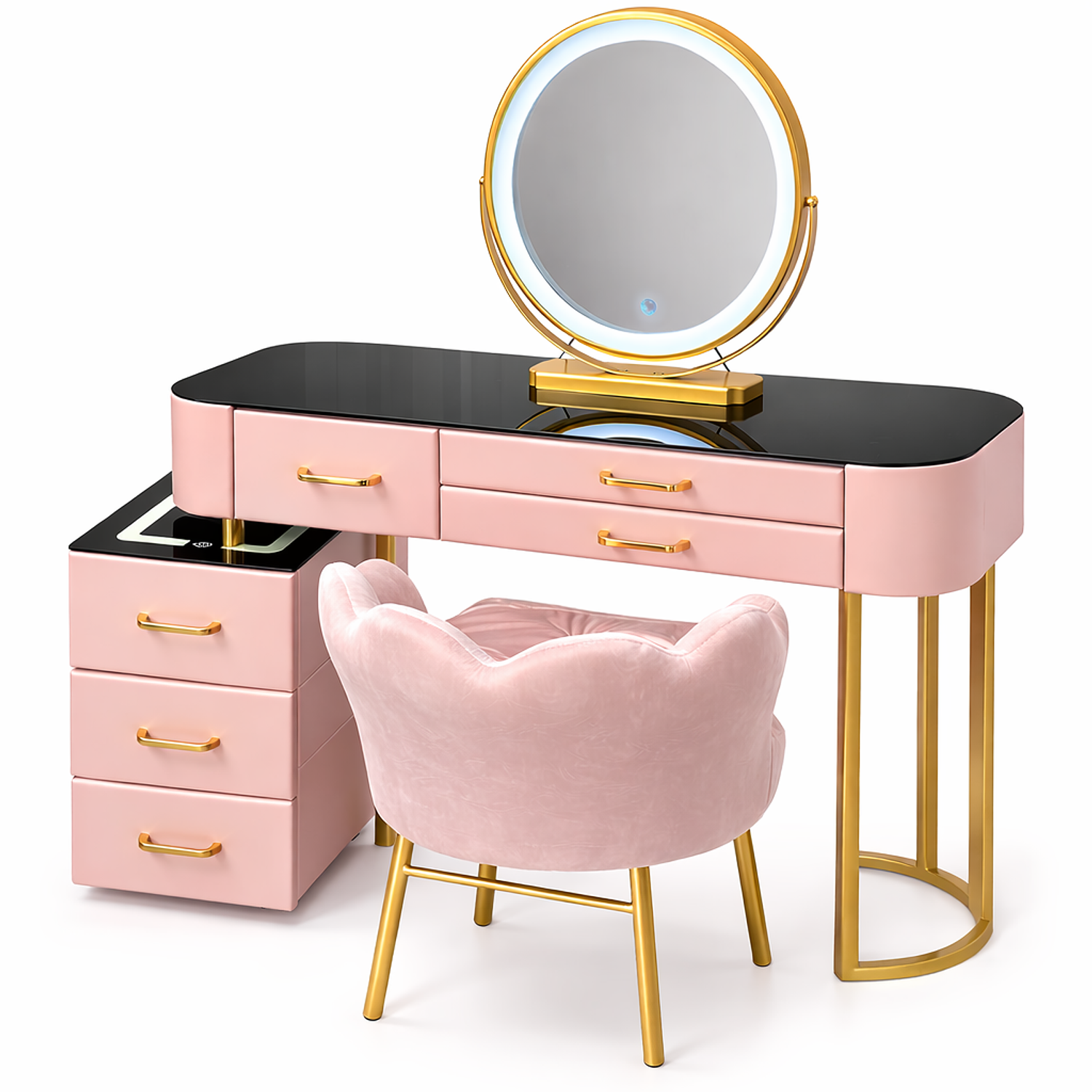 Tocador LED con Espejo Touch, Parlante Bluetooth y Carga Inalámbrica + Silla | Rosado 5