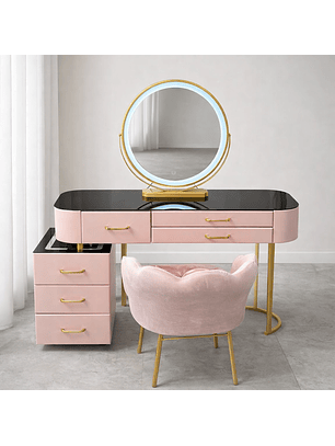 Tocador LED con Espejo Touch, Parlante Bluetooth y Carga Inalámbrica + Silla | Rosado