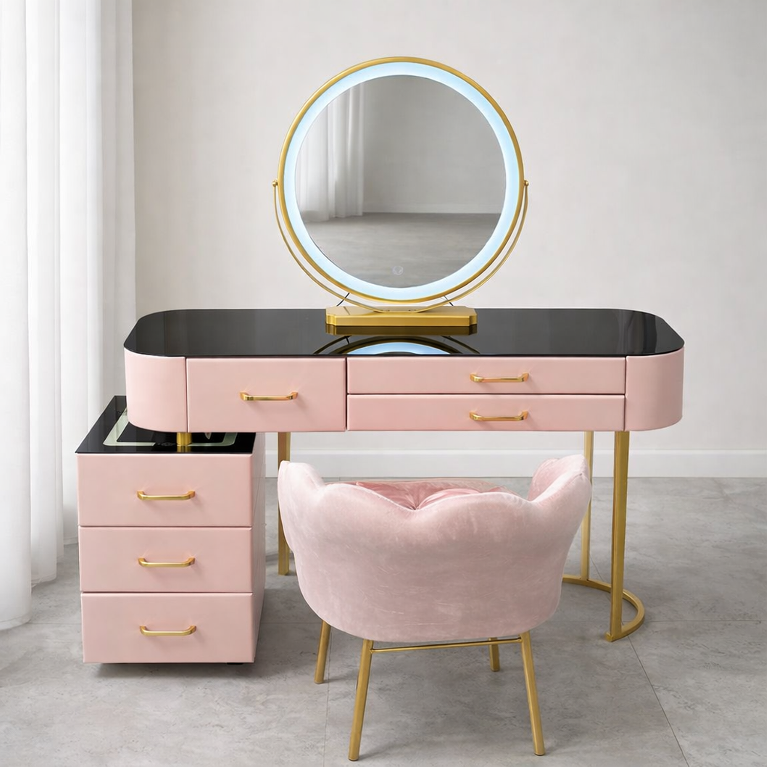 Tocador LED con Espejo Touch, Parlante Bluetooth y Carga Inalámbrica + Silla | Rosado 1