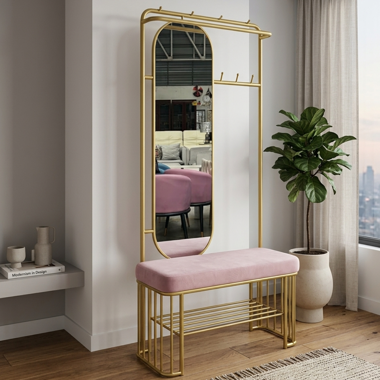 Perchero Dorado Recibidor con Espejo y Banco Tapizado Aurora 4
