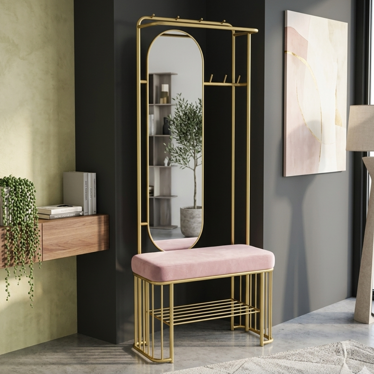 Perchero Dorado Recibidor con Espejo y Banco Tapizado Aurora 5
