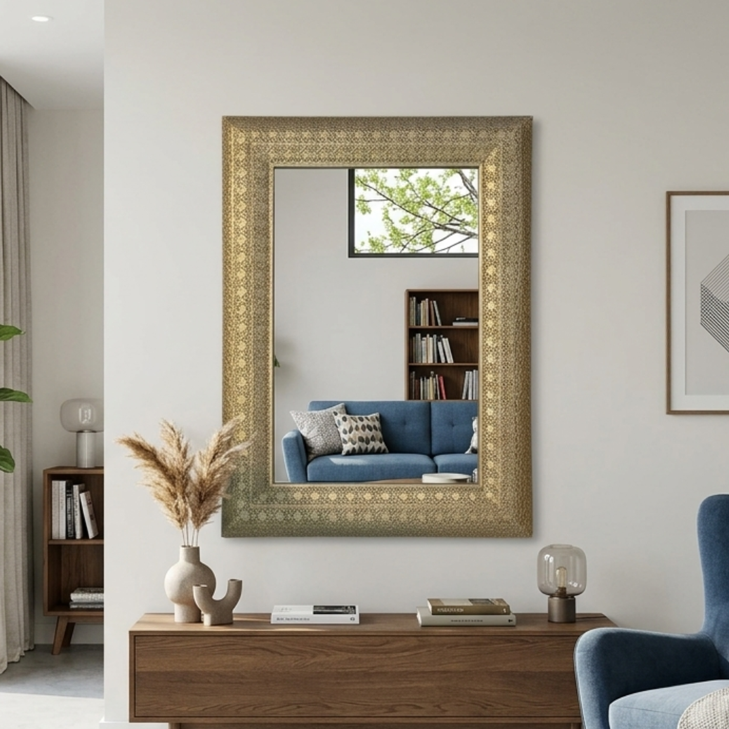 Espejo de Pared Rectangular Decorativo con Marco Dorado Ornamental 1