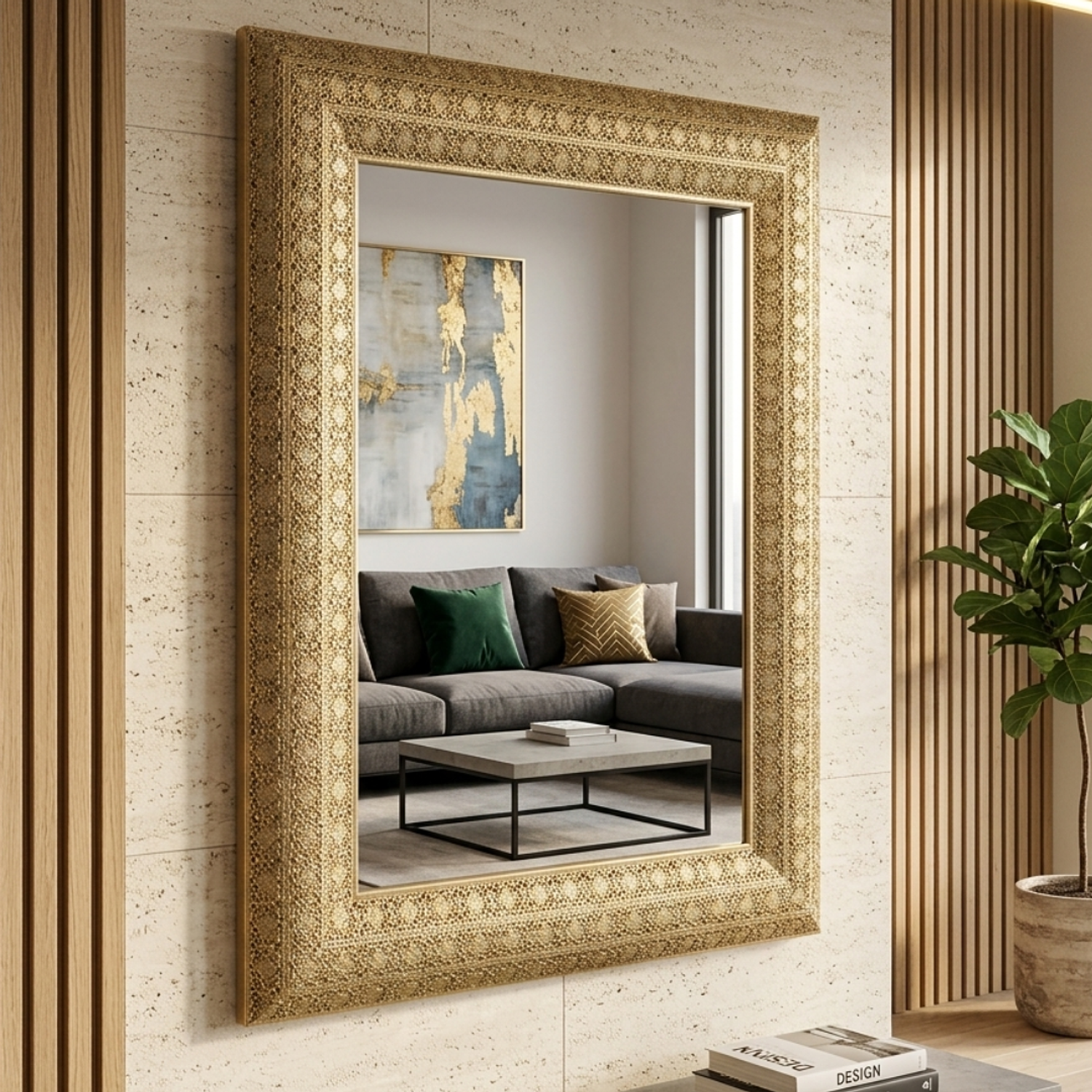 Espejo de Pared Rectangular Decorativo con Marco Dorado Ornamental 6
