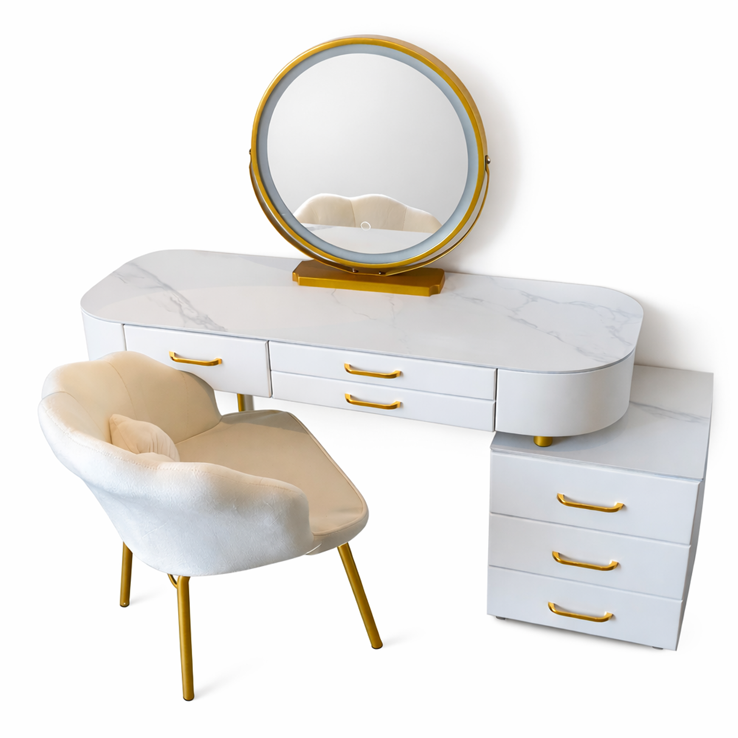 Tocador con Espejo LED Touch, Parlante Bluetooth y Carga Inalámbrica + Silla | Blanco 3