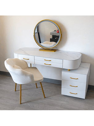 Tocador con Espejo LED Touch, Parlante Bluetooth y Carga Inalámbrica + Silla | Blanco