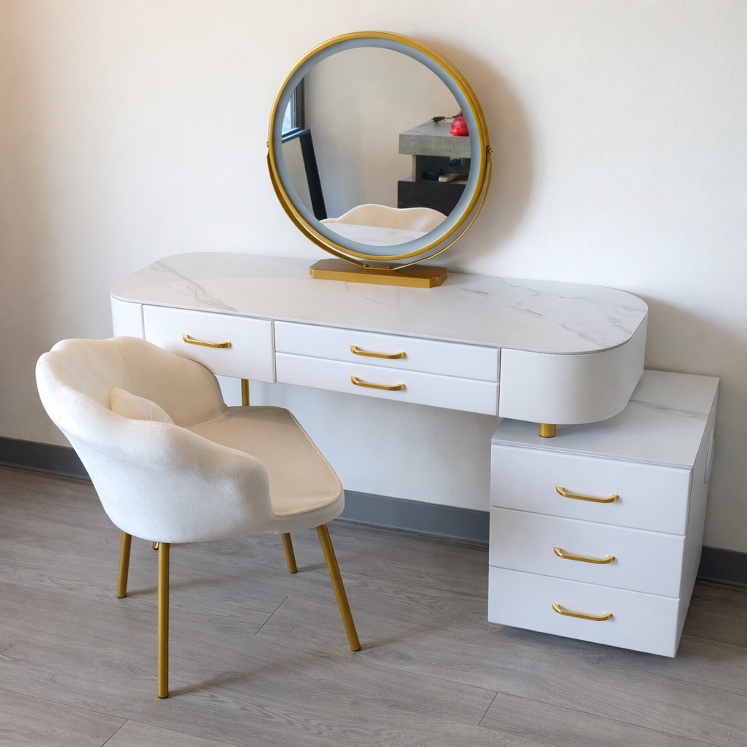 Tocador con Espejo LED Touch, Parlante Bluetooth y Carga Inalámbrica + Silla | Blanco 1