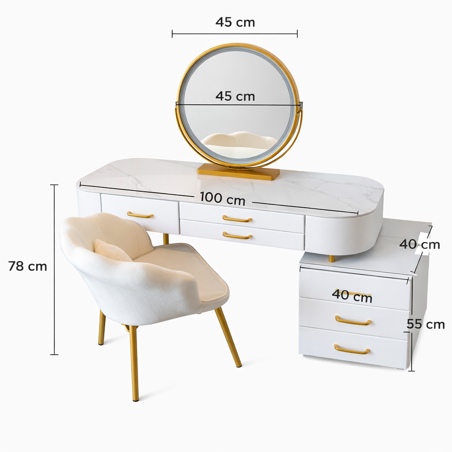 Tocador con Espejo LED Touch, Parlante Bluetooth y Carga Inalámbrica + Silla | Blanco 4