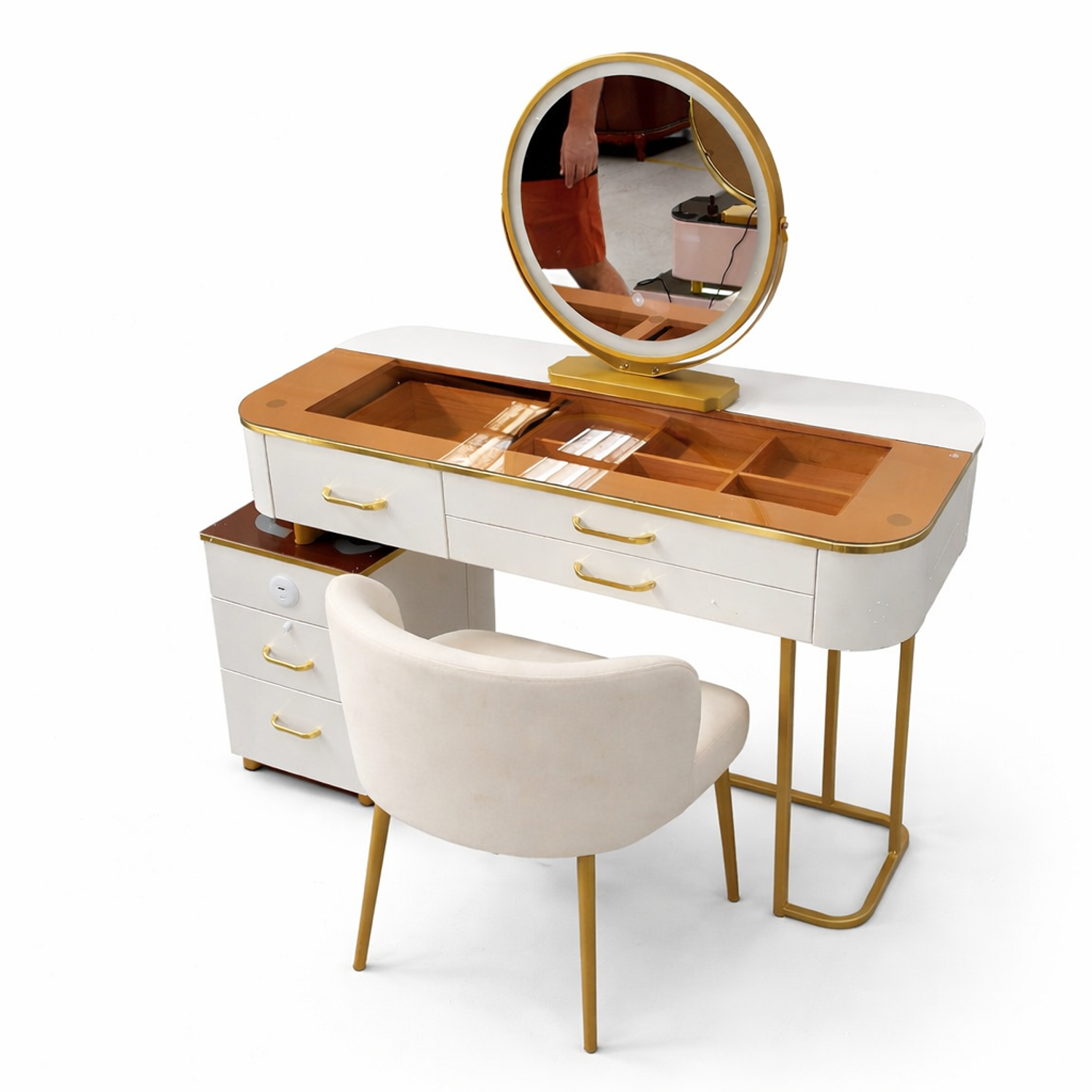 Tocador con Espejo LED Touch, Parlante Bluetooth y Carga Inalámbrica + Silla | Cubierta café 3