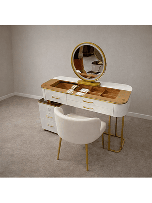 Tocador con Espejo LED Touch, Parlante Bluetooth y Carga Inalámbrica + Silla | Cubierta café