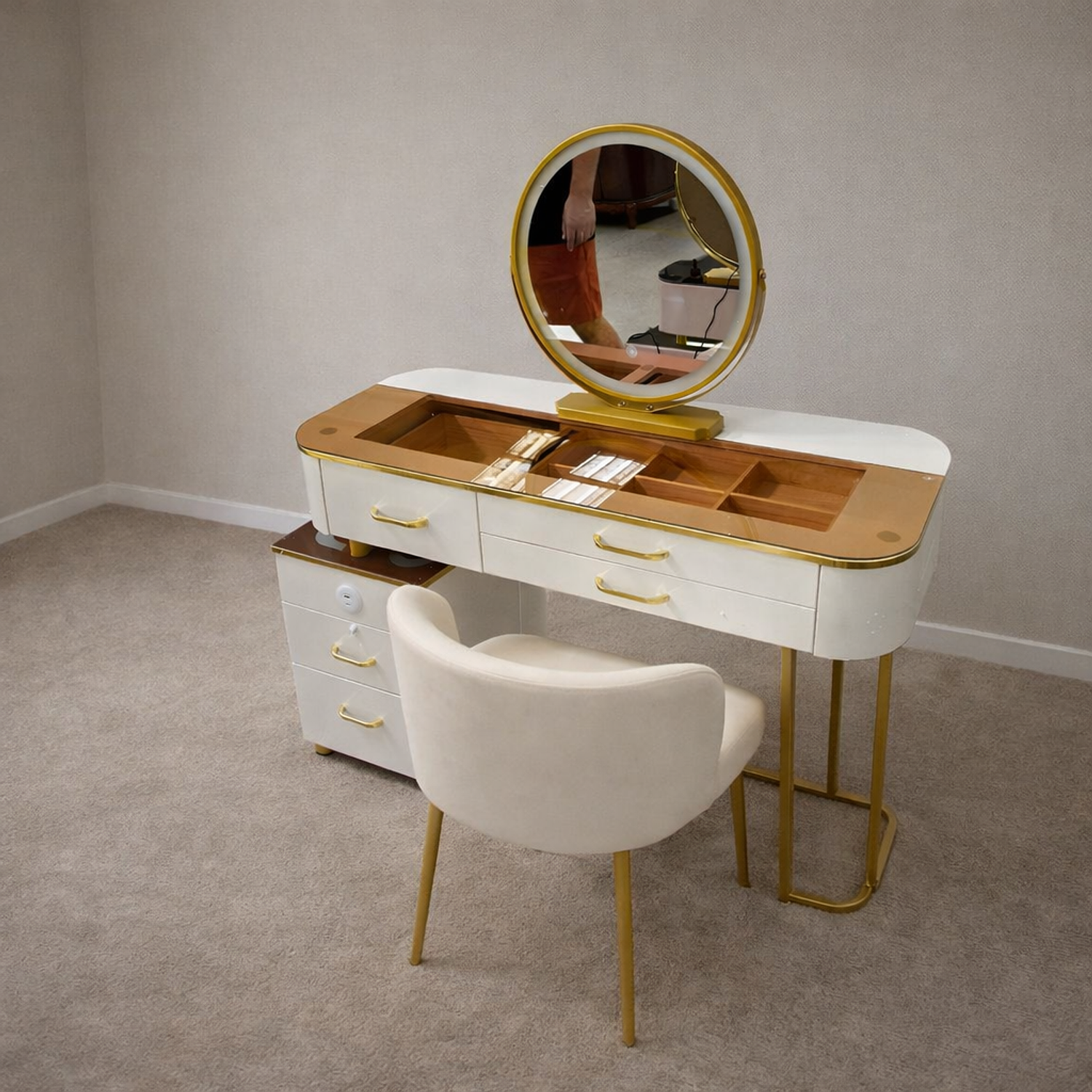 Tocador con Espejo LED Touch, Parlante Bluetooth y Carga Inalámbrica + Silla | Cubierta café 1