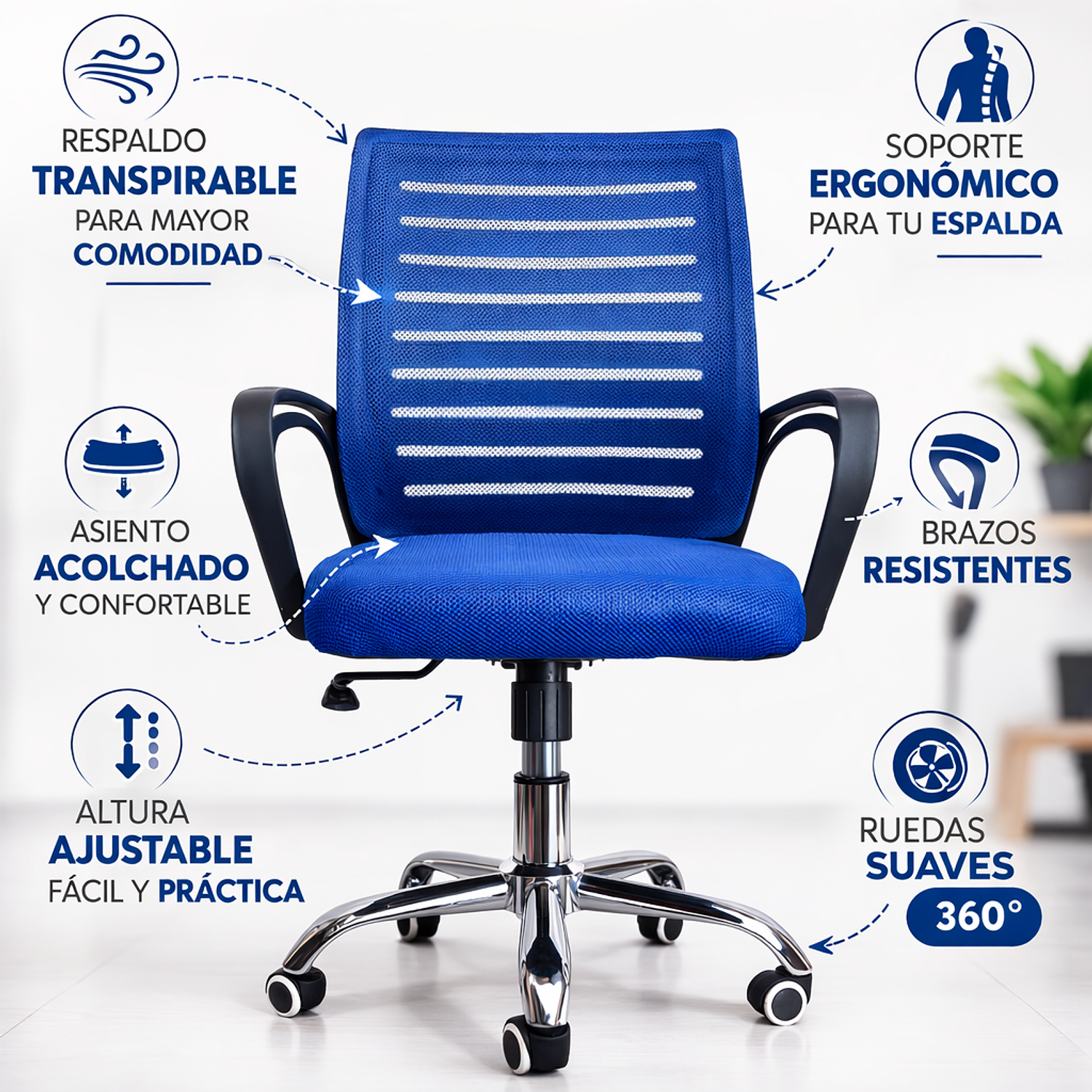 Silla de Oficina Ergonómica con Brazos y Ruedas | Altura Ajustable Mesh Transpirable 7