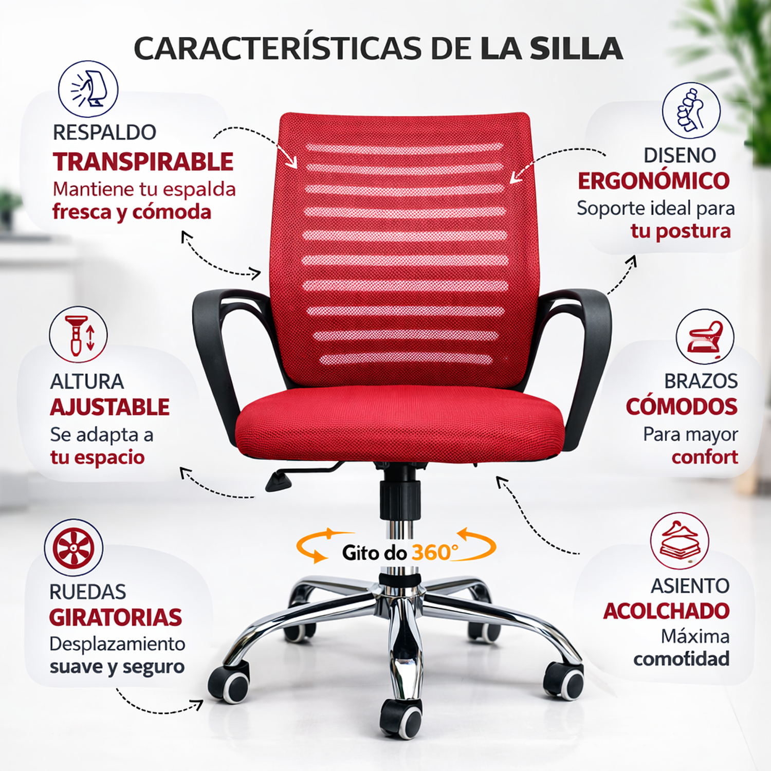 Silla de Oficina Ergonómica con Brazos y Ruedas | Altura Ajustable Mesh Transpirable 11