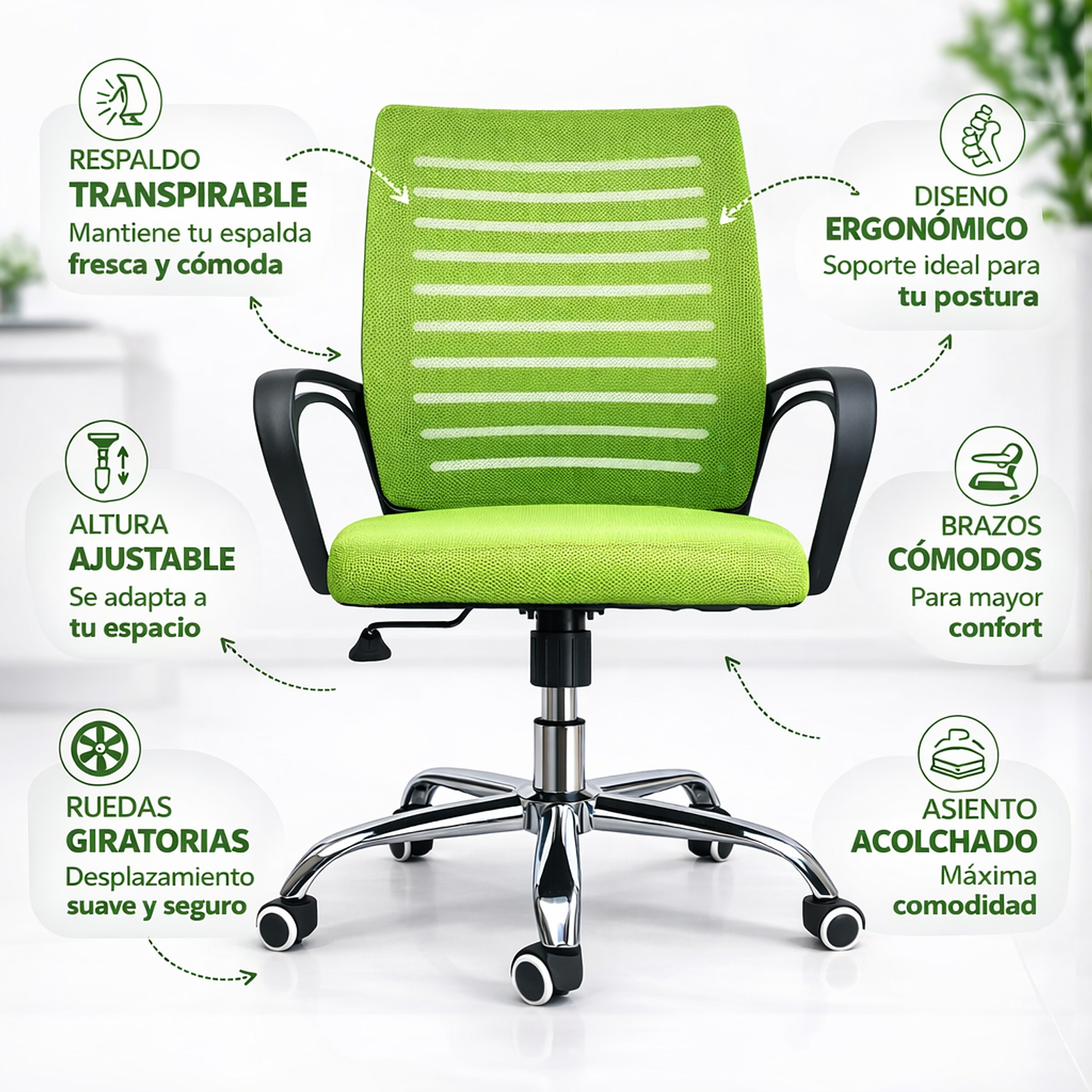 Silla de Oficina Ergonómica con Brazos y Ruedas | Altura Ajustable Mesh Transpirable 16