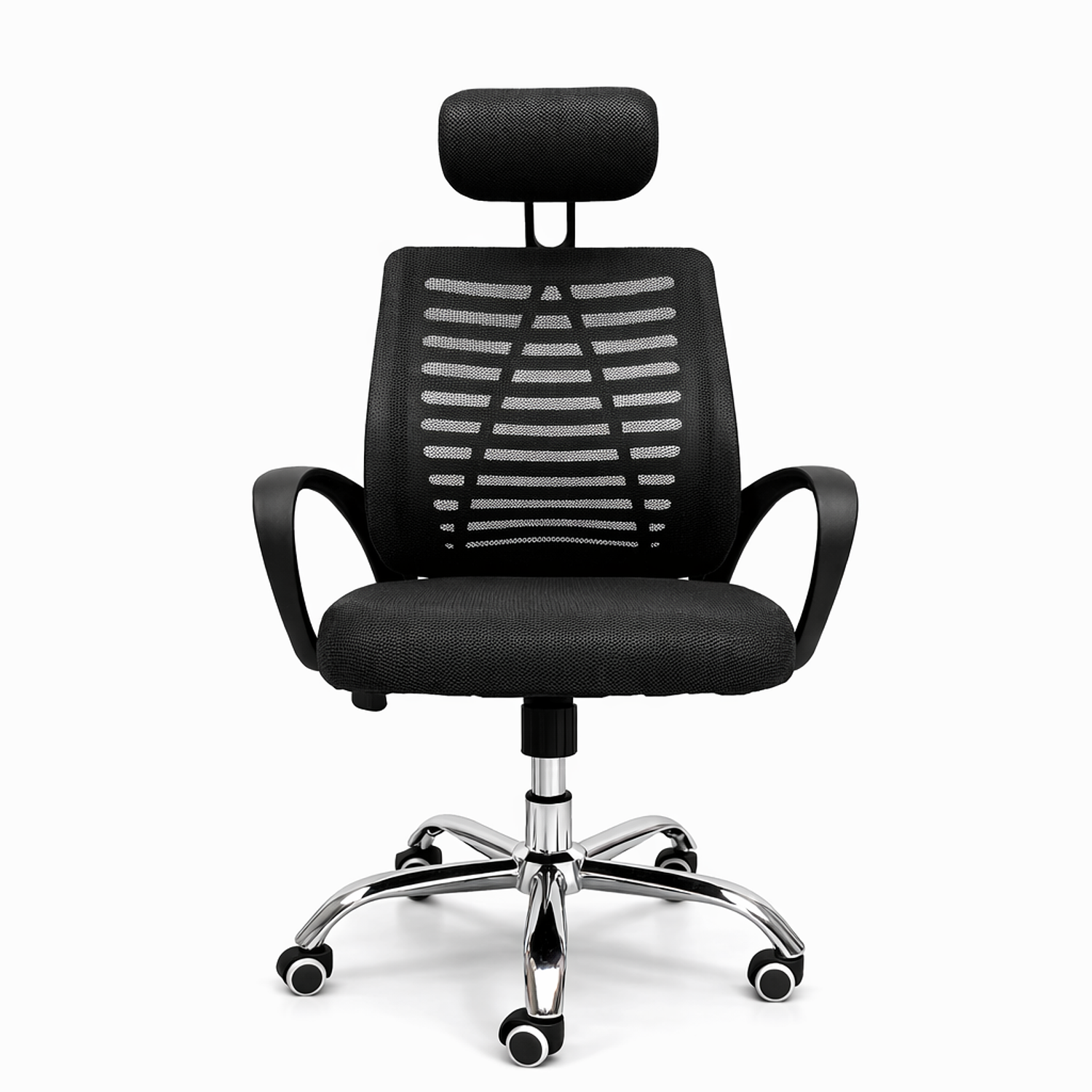 illa Ergonómica de Oficina con Cabecera Ajustable Negra y Azul – Respaldo Transpirable y Base Cromada 1