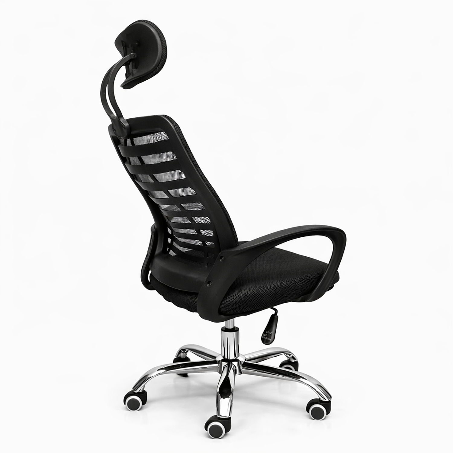 illa Ergonómica de Oficina con Cabecera Ajustable Negra y Azul – Respaldo Transpirable y Base Cromada 2