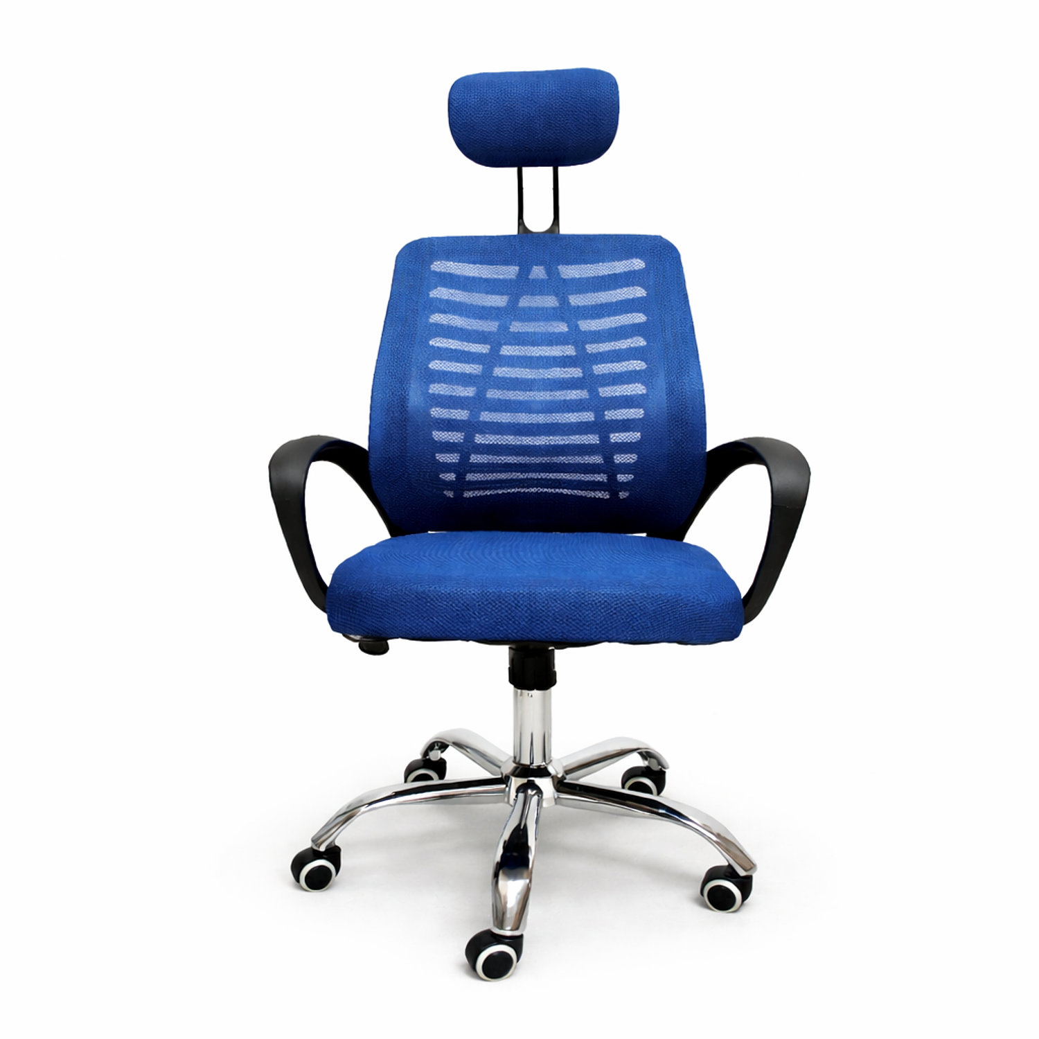 illa Ergonómica de Oficina con Cabecera Ajustable Negra y Azul – Respaldo Transpirable y Base Cromada 3