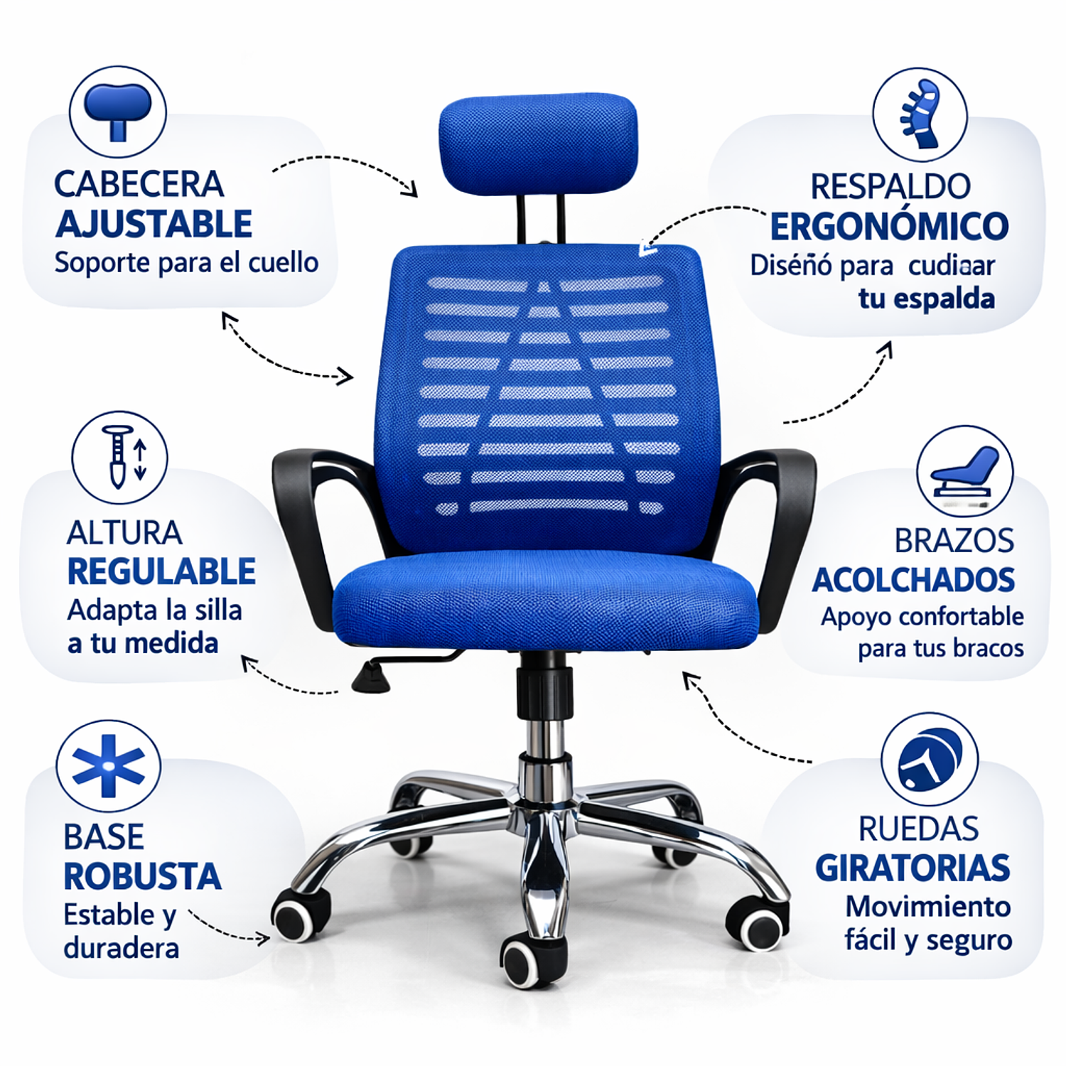 illa Ergonómica de Oficina con Cabecera Ajustable Negra y Azul – Respaldo Transpirable y Base Cromada 8