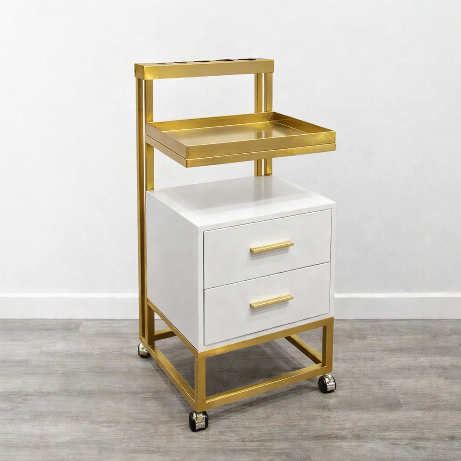 Carrito Ayudante de Peluquería Profesional con Cajones y Ruedas | Blanco y Dorado 1
