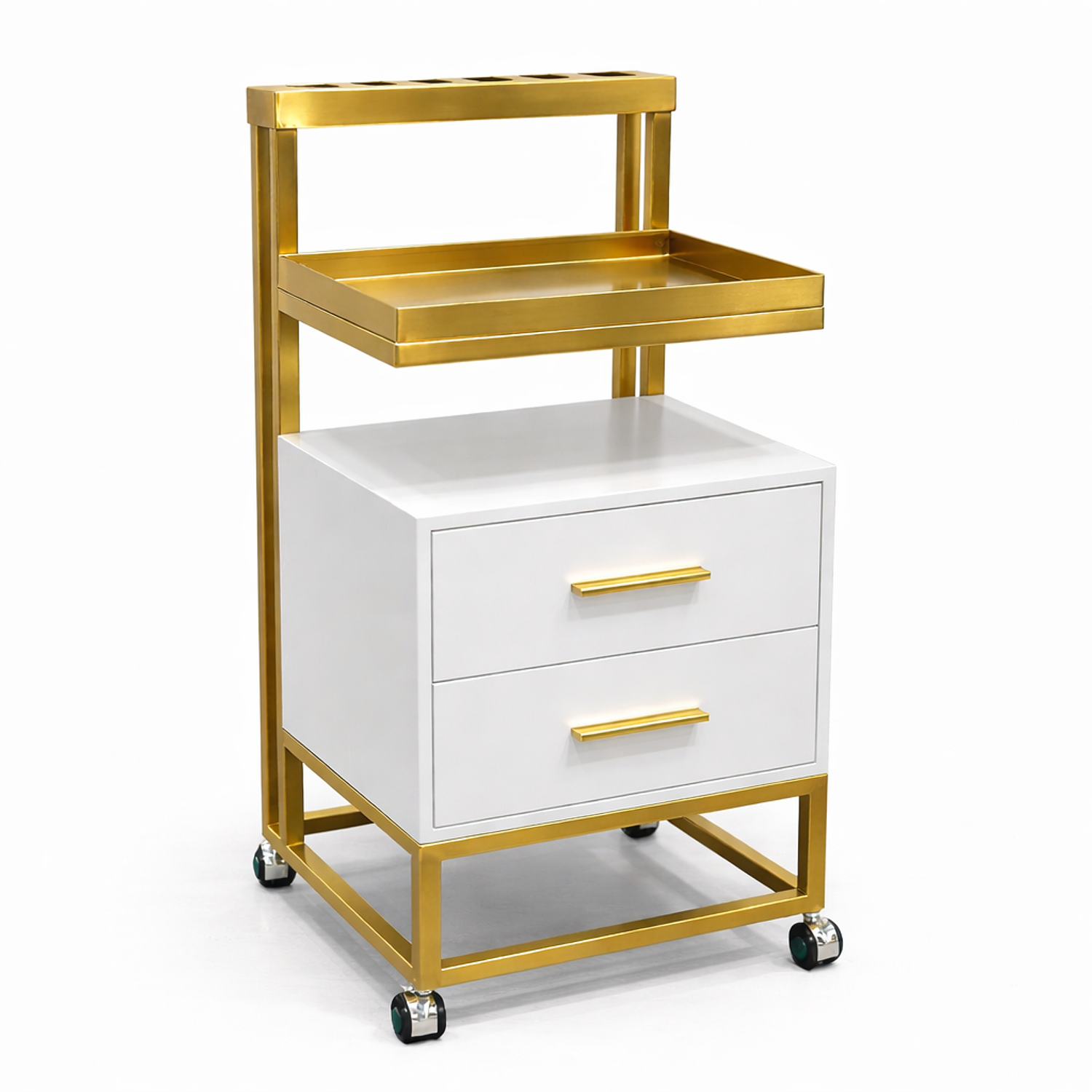 Carrito Ayudante de Peluquería Profesional con Cajones y Ruedas | Blanco y Dorado 2