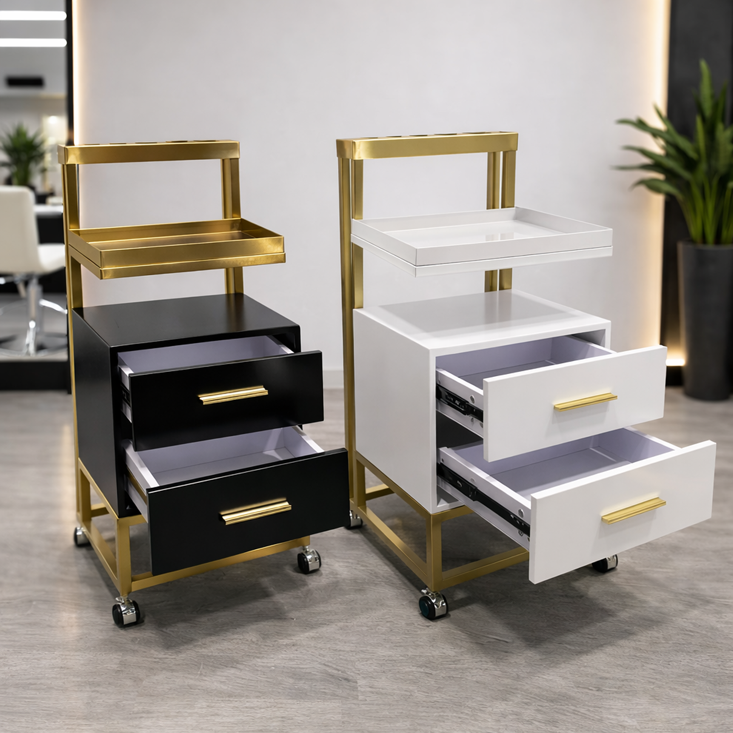 Carrito Ayudante de Peluquería Profesional con Cajones y Ruedas | Blanco y Dorado 7