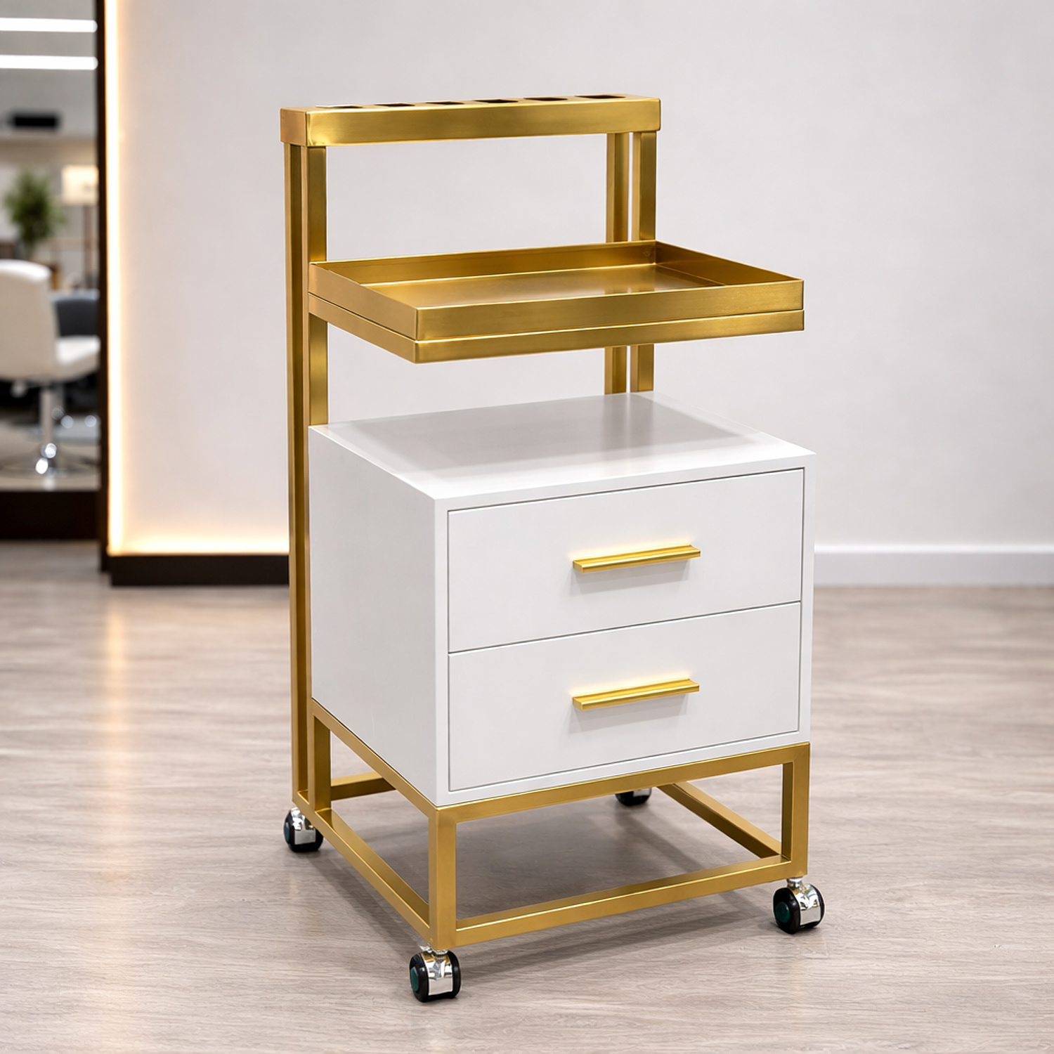 Carrito Ayudante de Peluquería Profesional con Cajones y Ruedas | Blanco y Dorado 8
