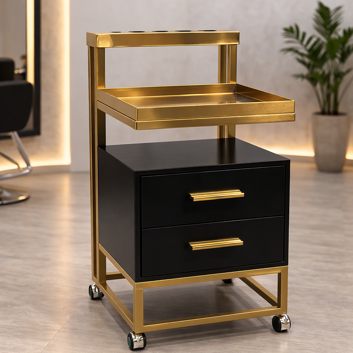 Carrito Ayudante de Peluquería Profesional con Cajones y Ruedas | Negro y Dorado 3