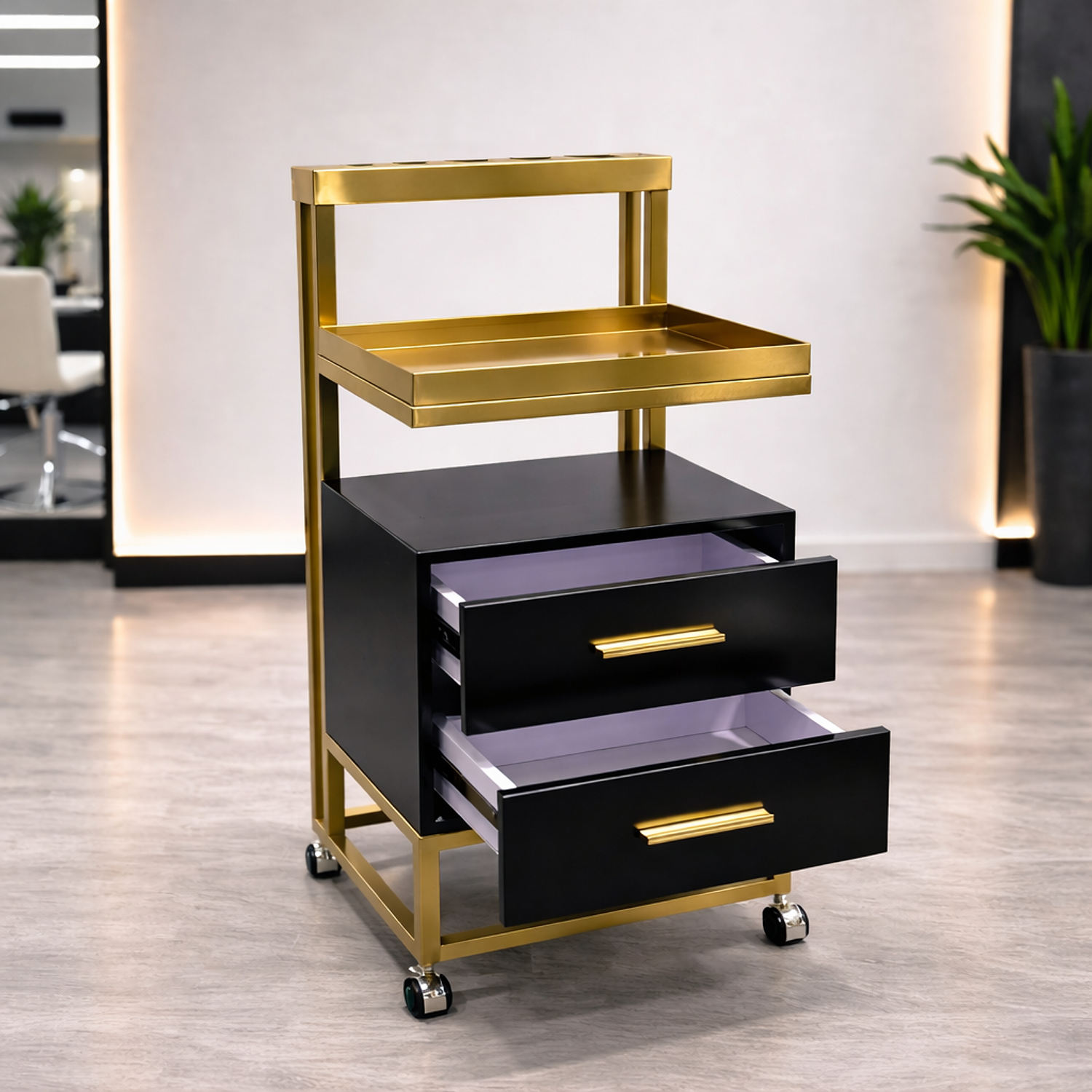 Carrito Ayudante de Peluquería Profesional con Cajones y Ruedas | Negro y Dorado 2