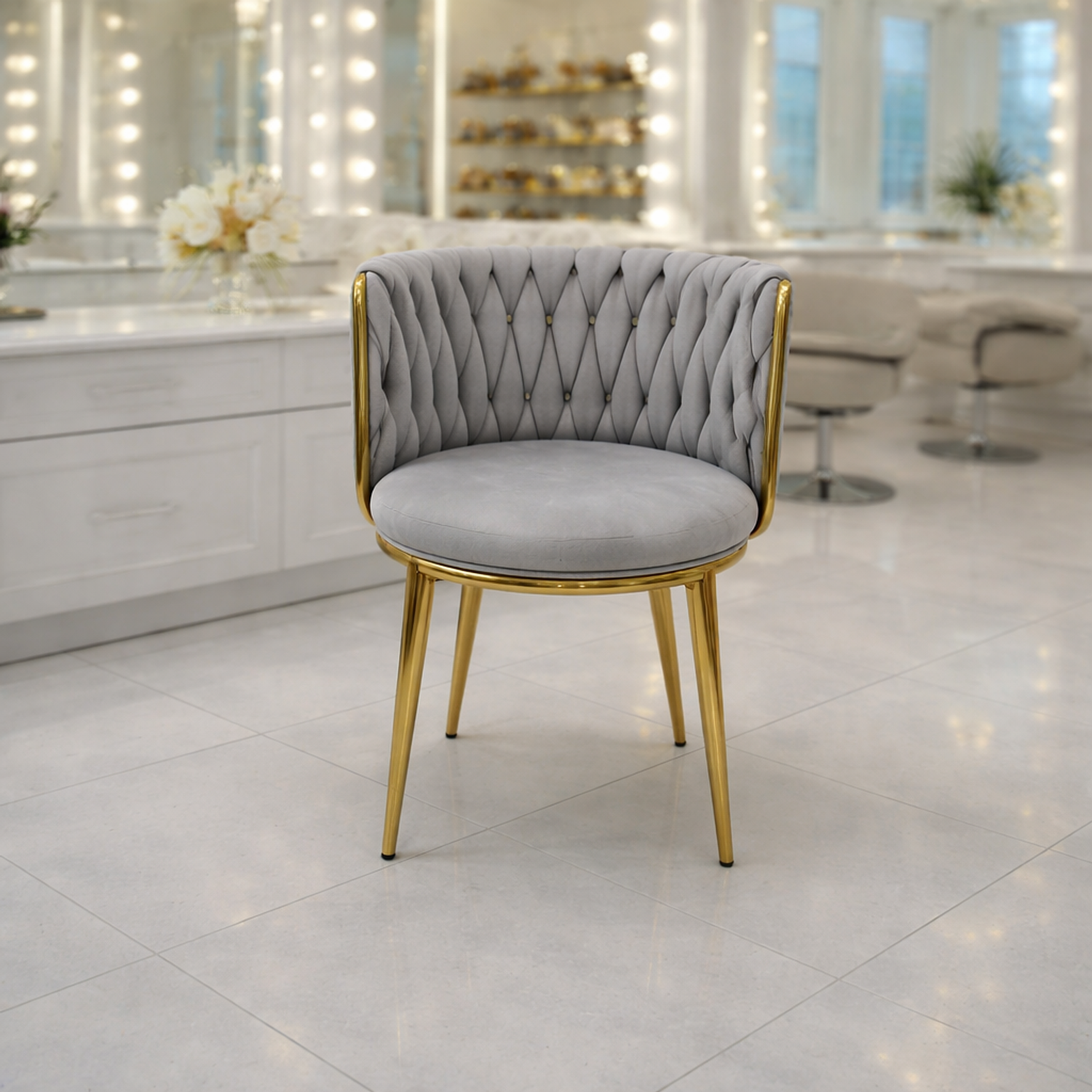 Silla de Manicure Velvet con Patas Doradas – Estilo Elegante para Salón de Belleza 1