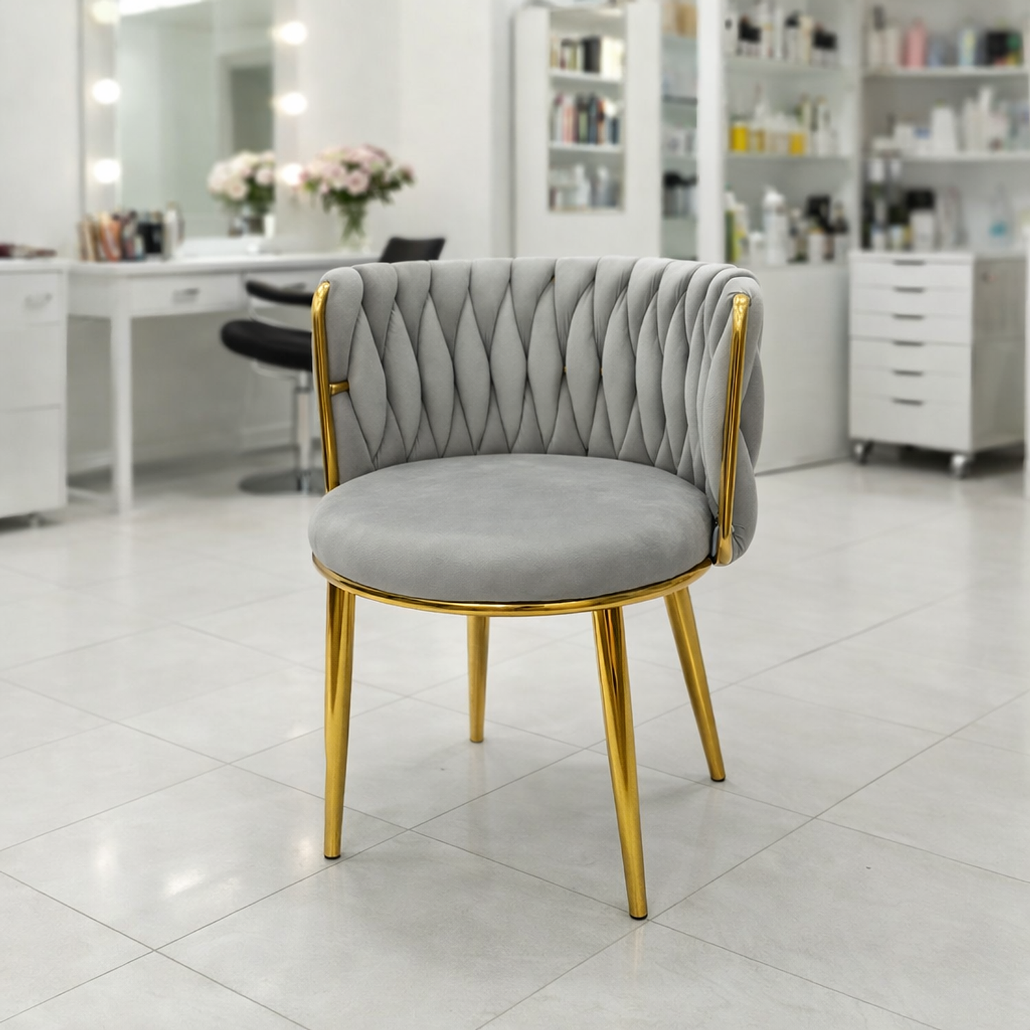 Silla de Manicure Velvet con Patas Doradas – Estilo Elegante para Salón de Belleza 2