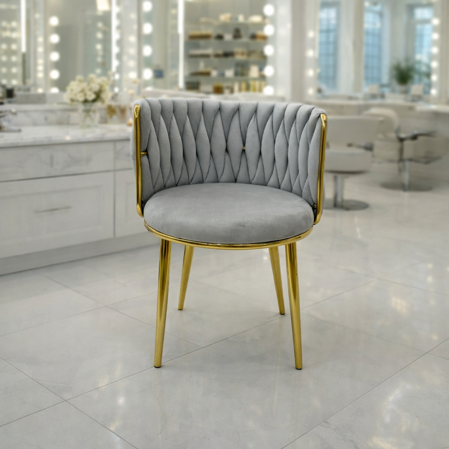 Silla de Manicure Velvet con Patas Doradas – Estilo Elegante para Salón de Belleza 3