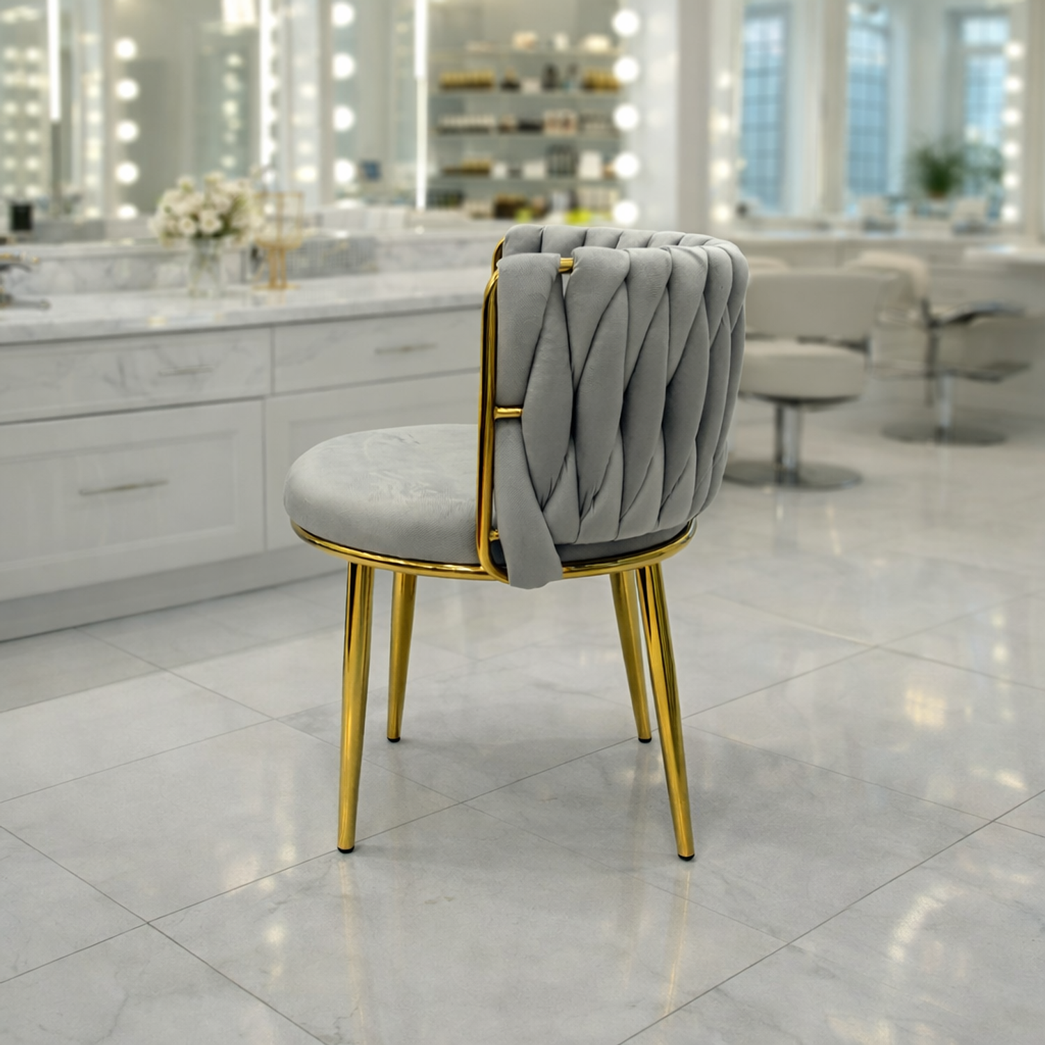Silla de Manicure Velvet con Patas Doradas – Estilo Elegante para Salón de Belleza 4