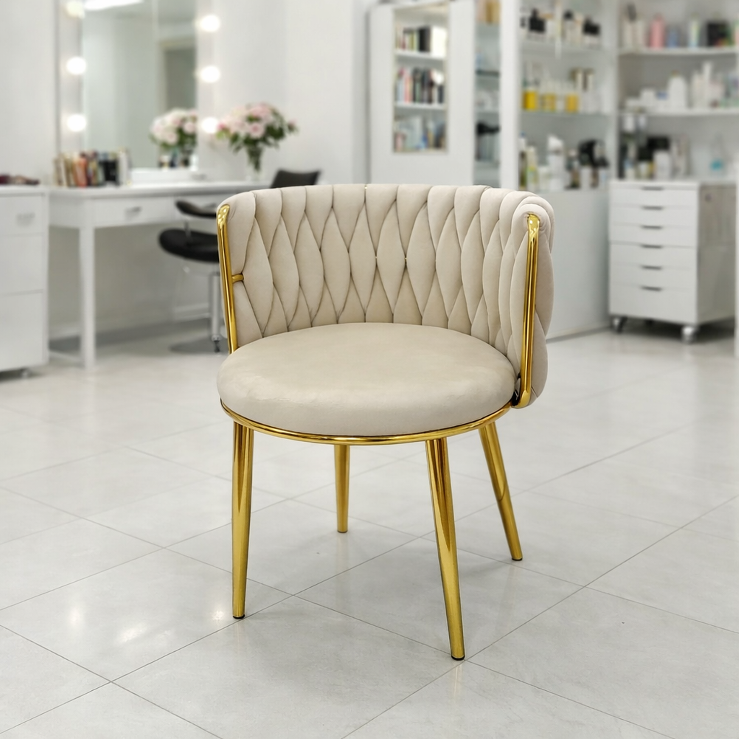 Silla de Manicure Velvet con Patas Doradas – Estilo Elegante para Salón de Belleza 7
